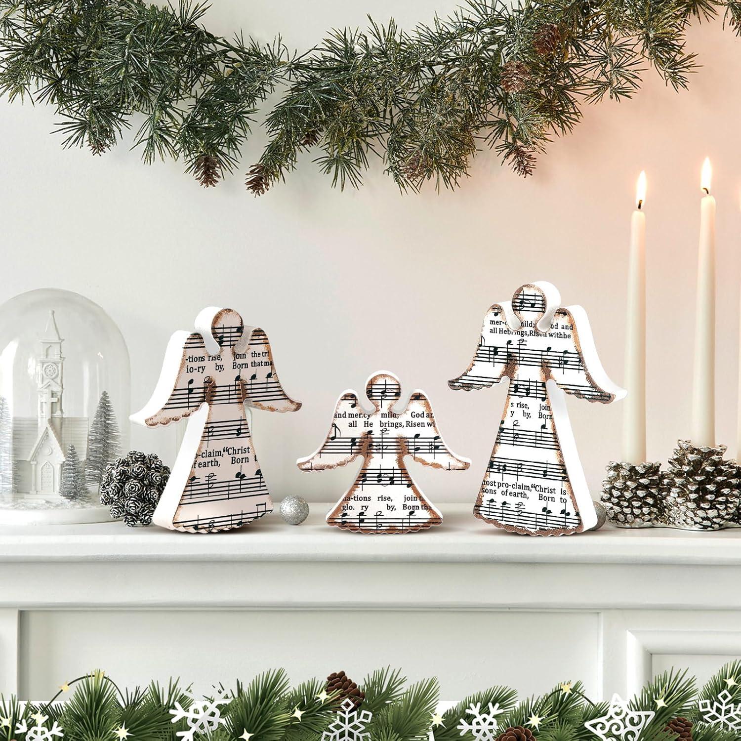 Redbaker 3 Piezas Decoración de Mesa de Ángel Navideño Madera