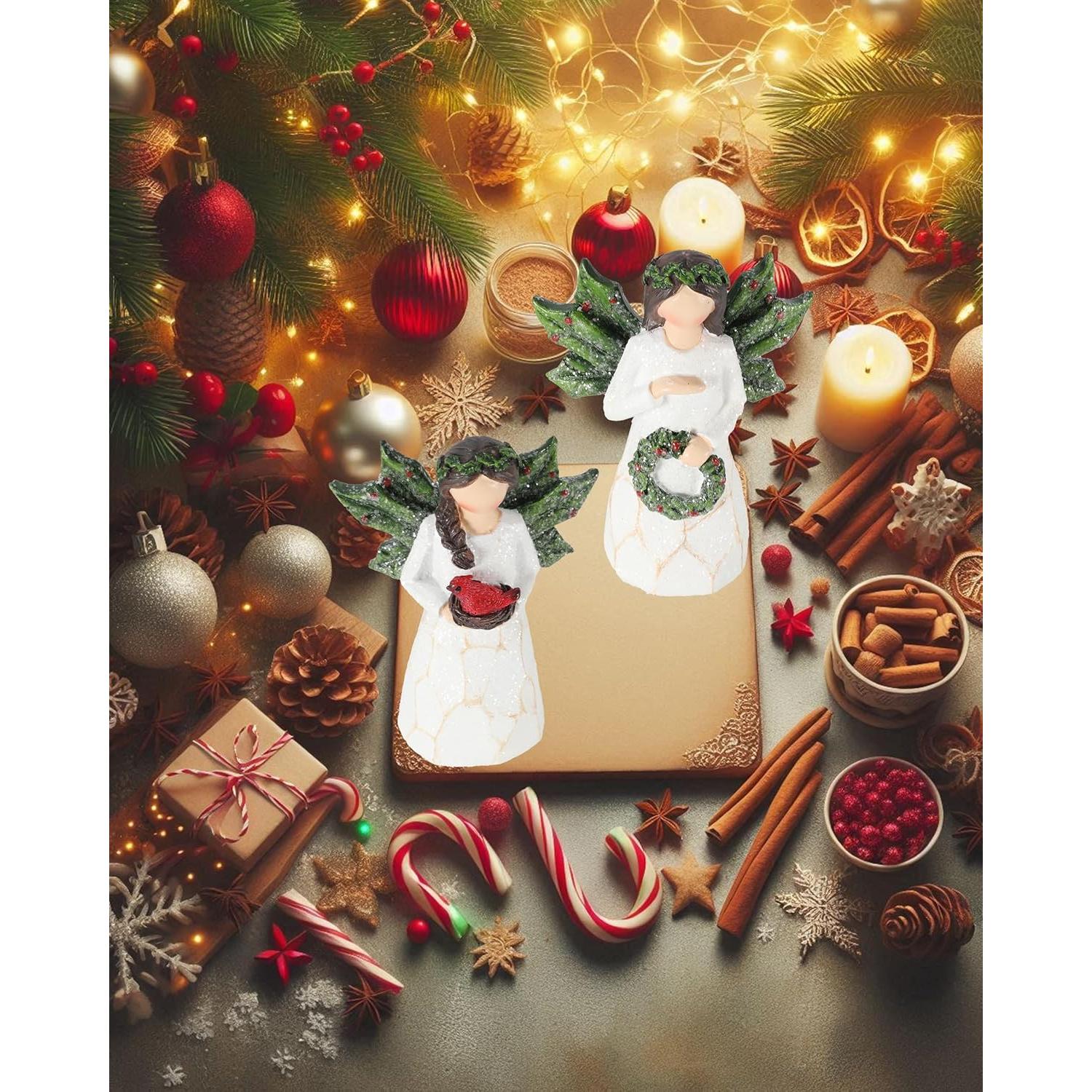 Juego de 2 Figuras de Ángeles Navideñas Brillantes 13 cm