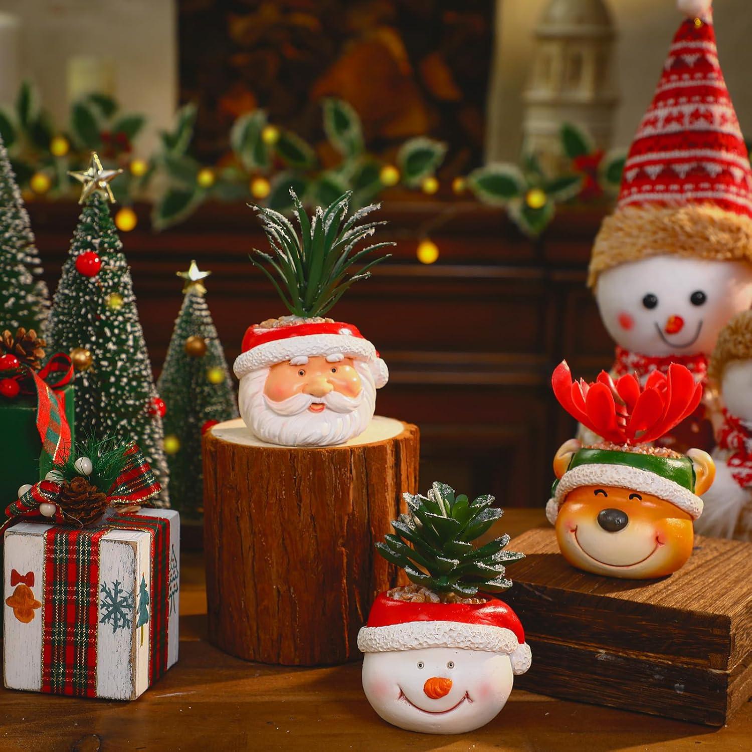 3 Plantas Suculentas Artificiales de Navidad en Macetas de Resina