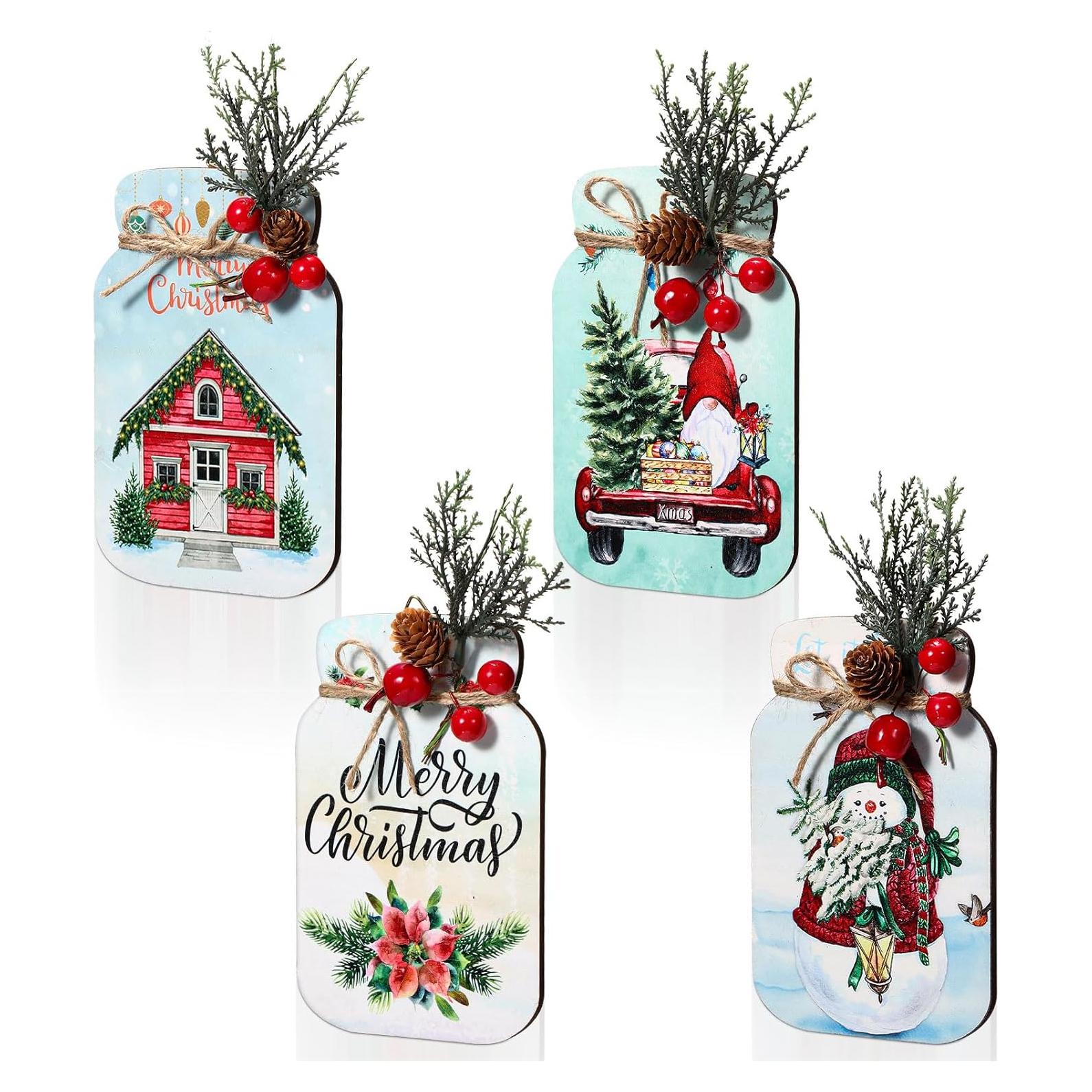 Decoraciones de Navidad Colgantes Barydat - 4 Pcs Tarros de Madera