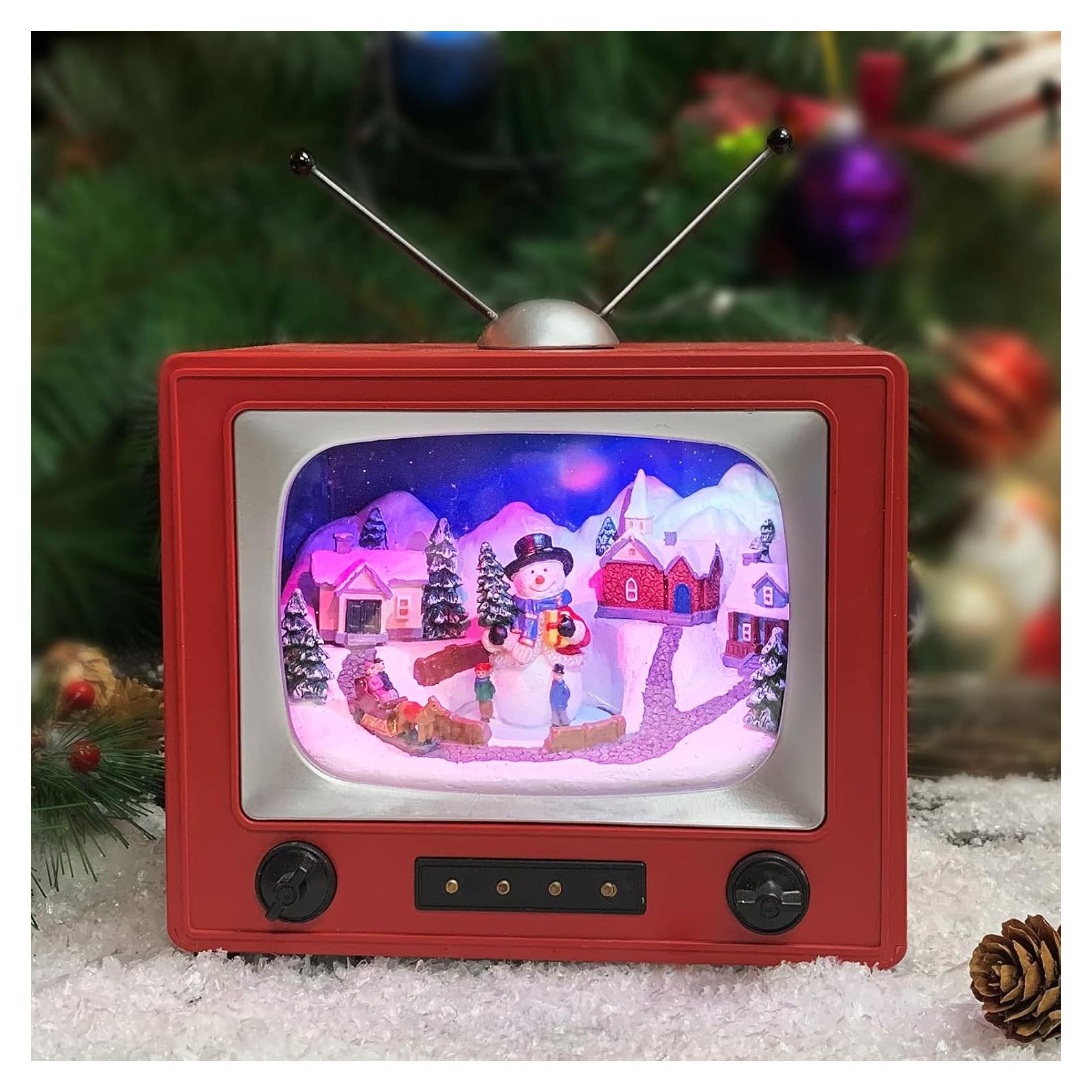 Televisor Retro Rojo MOMENTOS EN EL TIEMPO con Muñeco de Nieve 15.24 cm
