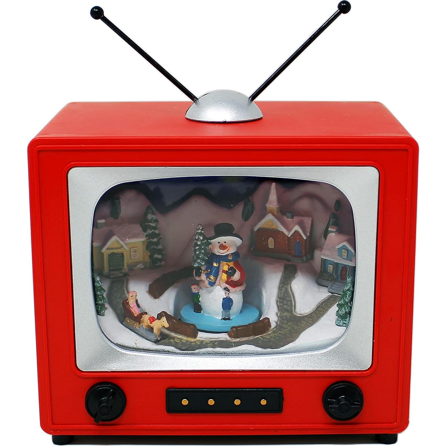 Televisor Retro Rojo MOMENTOS EN EL TIEMPO con Muñeco de Nieve 15.24 cm