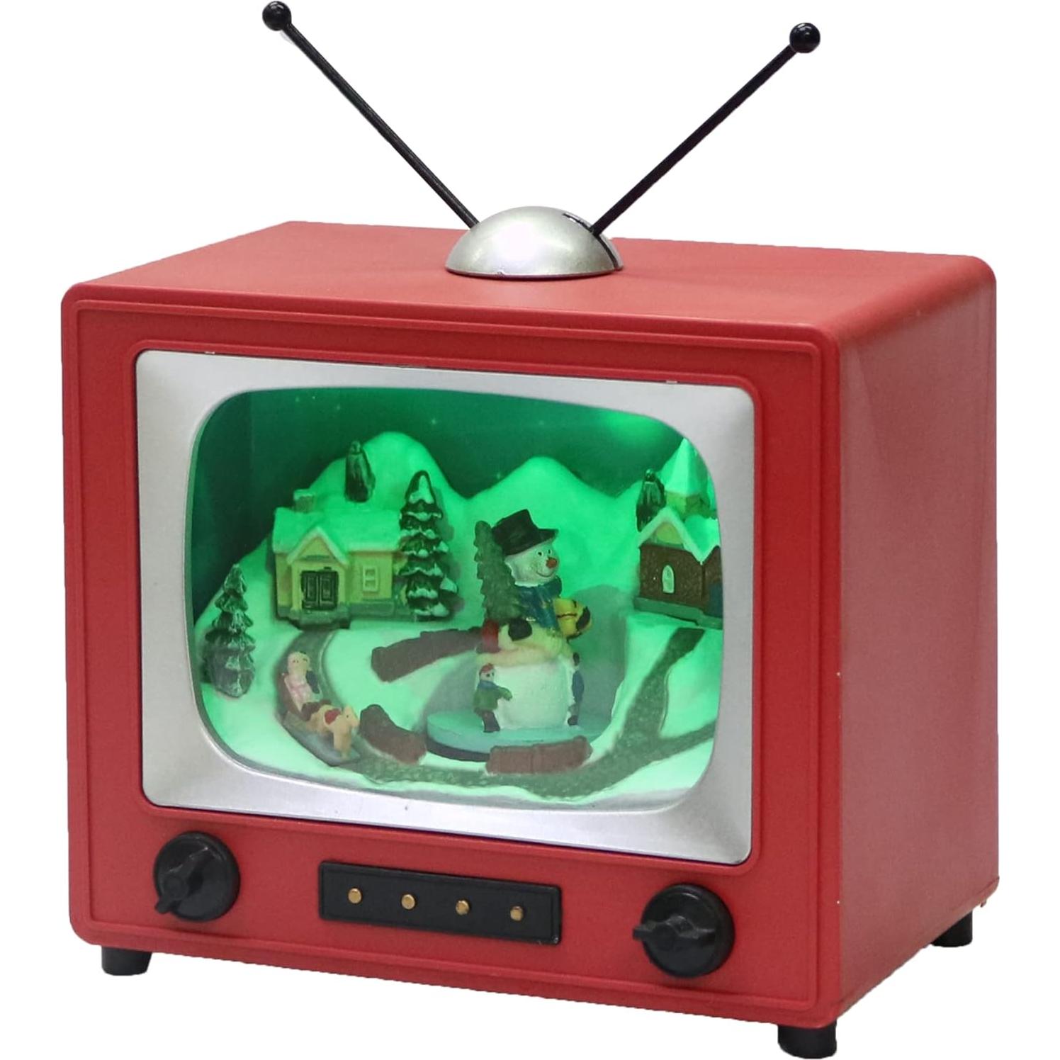 Televisor Retro Rojo MOMENTOS EN EL TIEMPO con Muñeco de Nieve 15.24 cm