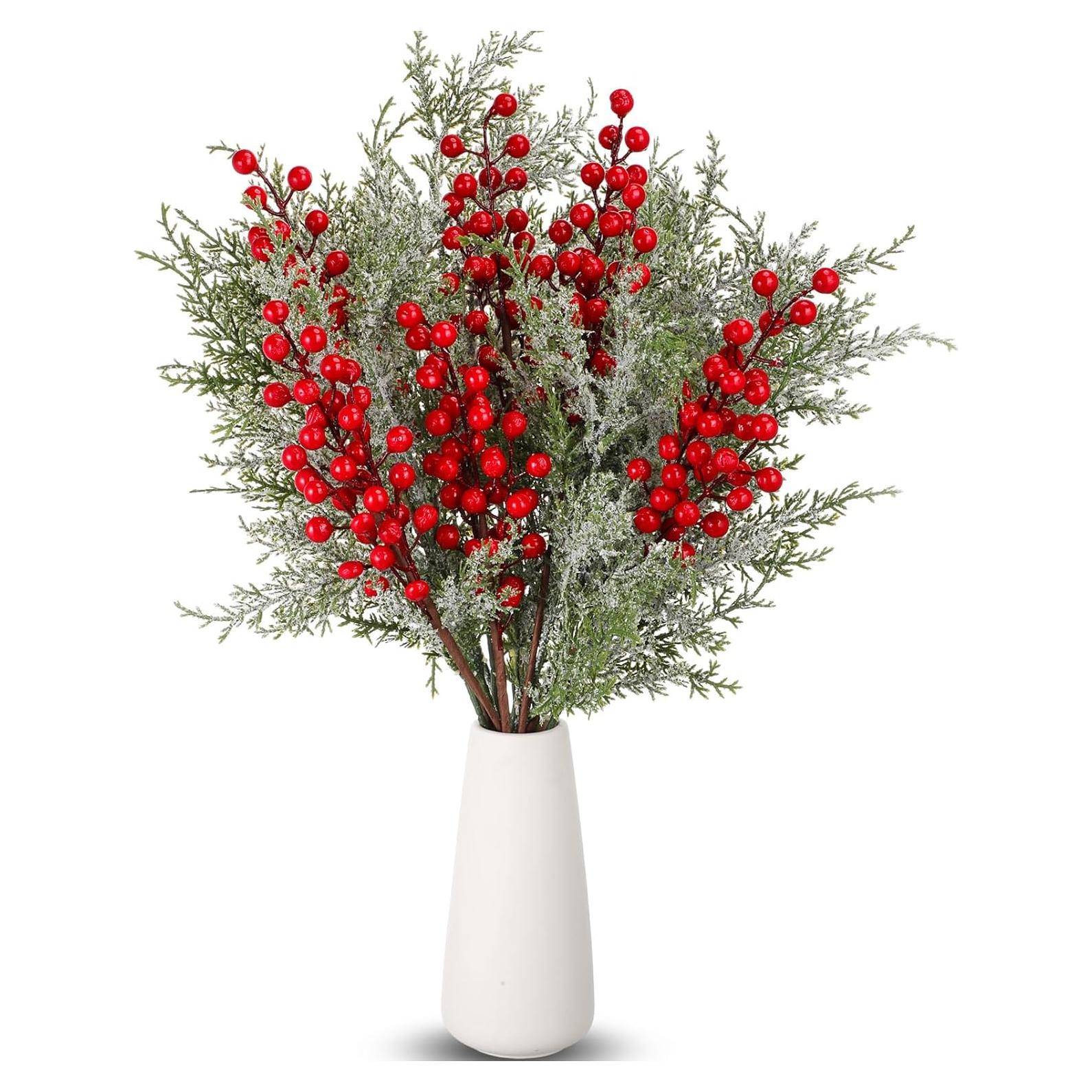 16 Ramas de Cedro Nevado Yuxung con Bayas Rojas para Decoración