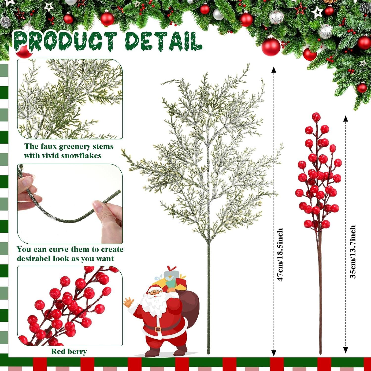 16 Ramas de Cedro Nevado Yuxung con Bayas Rojas para Decoración