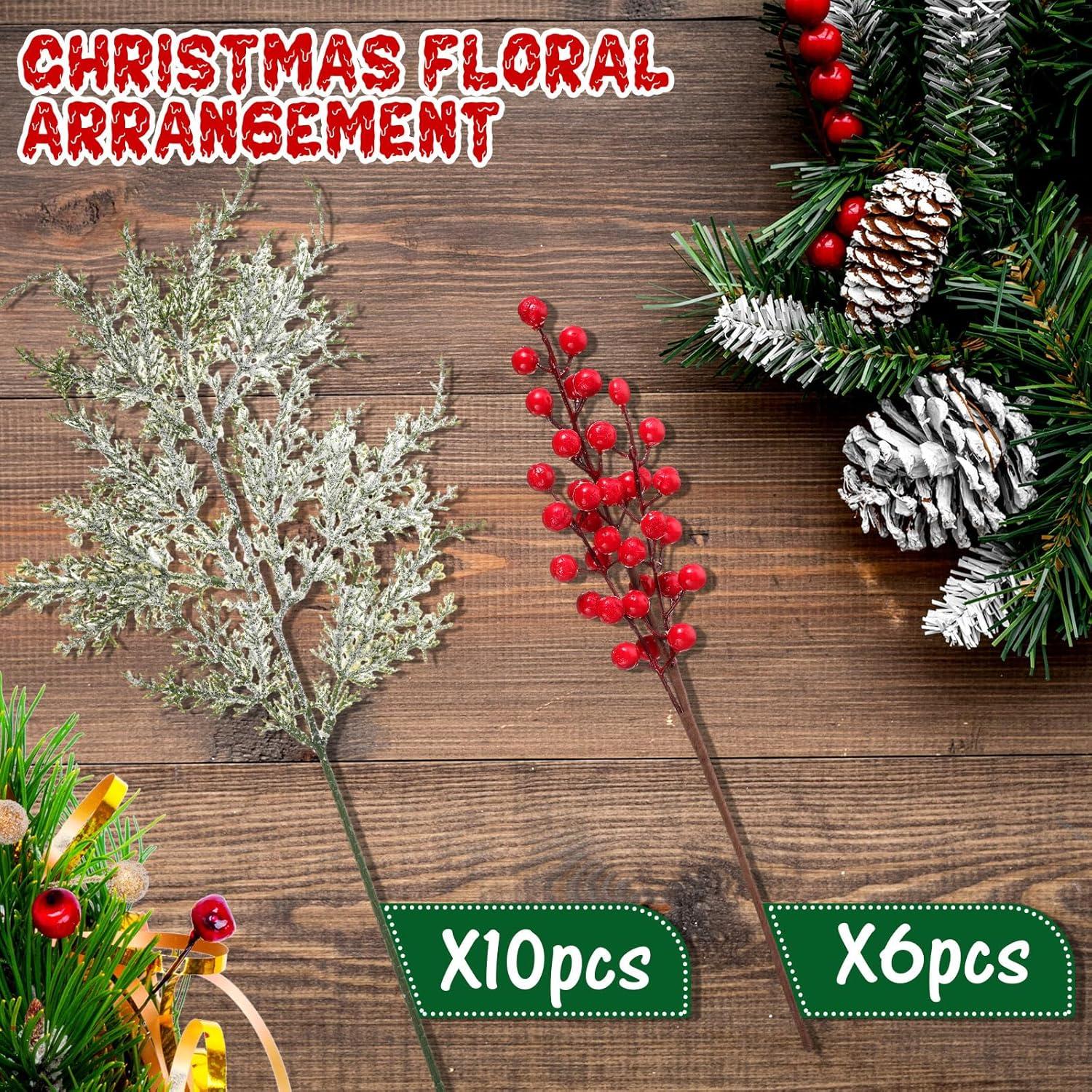 16 Ramas de Cedro Nevado Yuxung con Bayas Rojas para Decoración