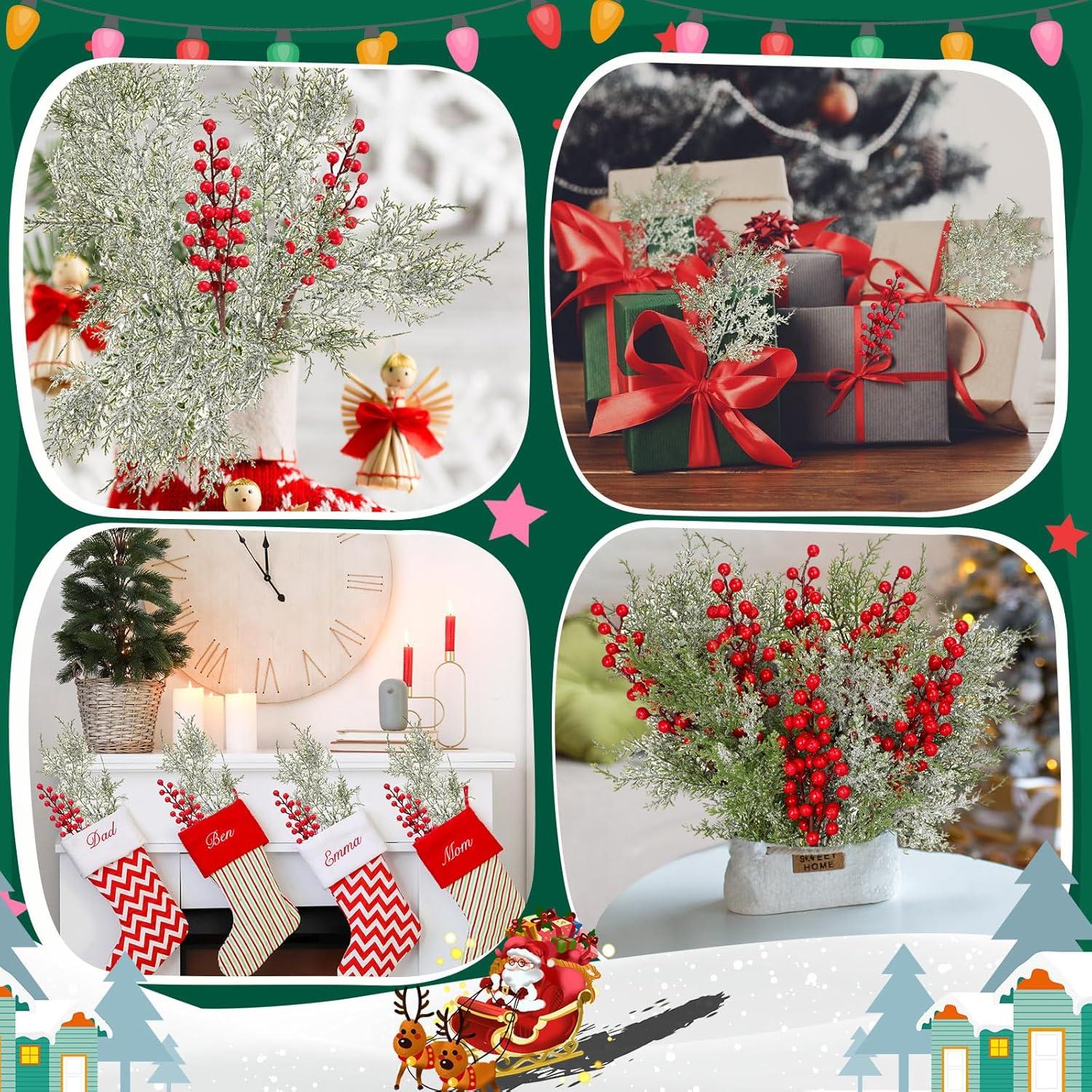 16 Ramas de Cedro Nevado Yuxung con Bayas Rojas para Decoración
