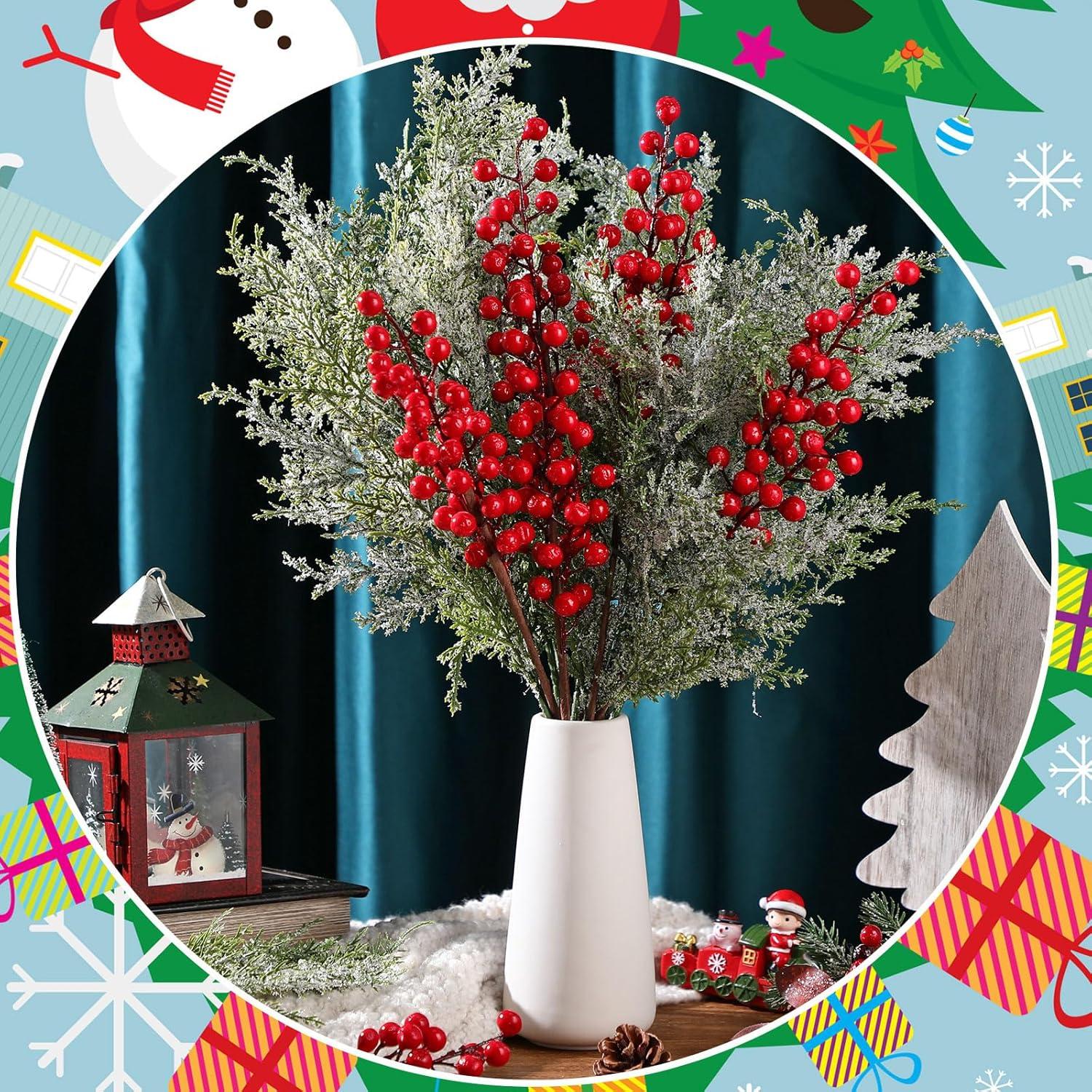 16 Ramas de Cedro Nevado Yuxung con Bayas Rojas para Decoración