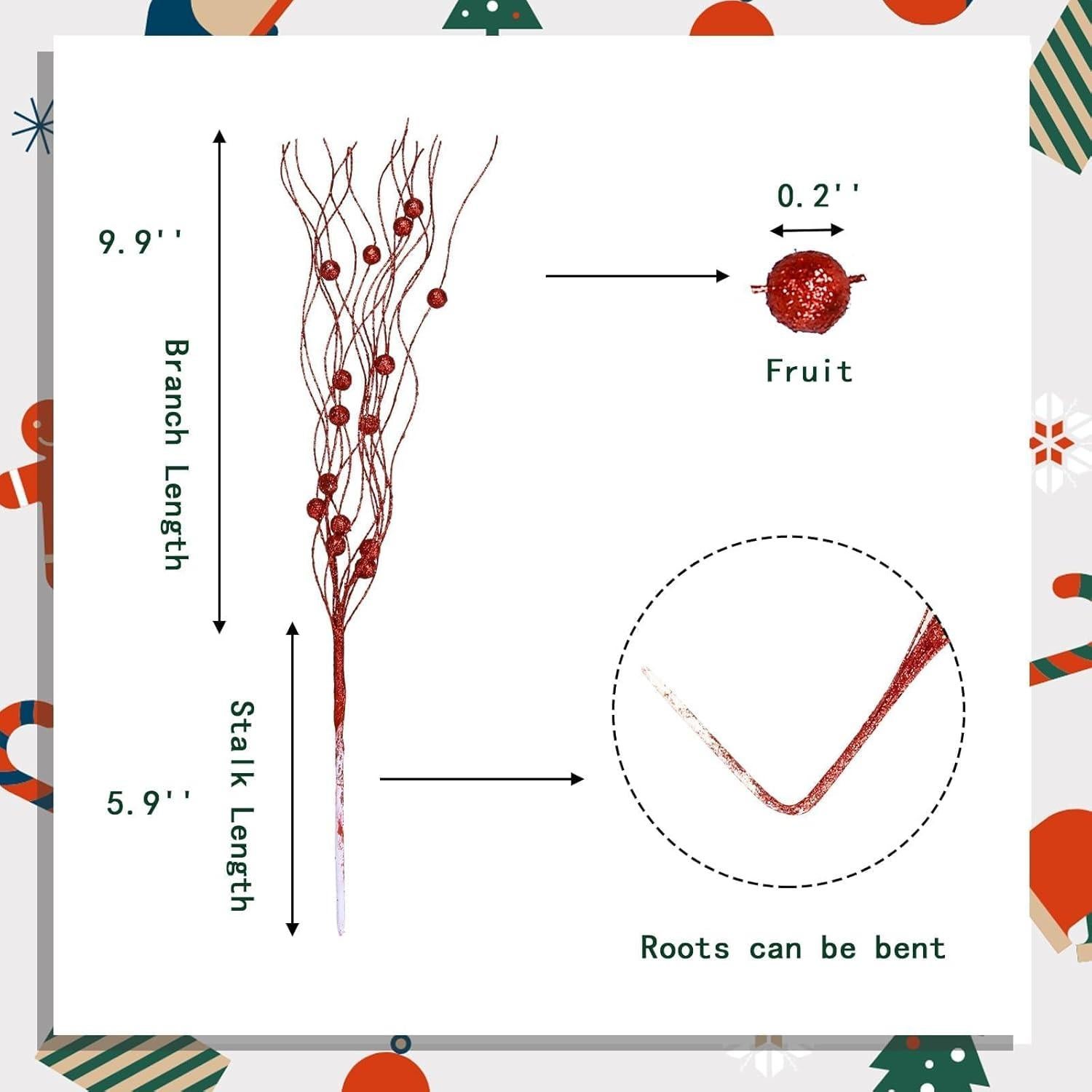 6 Ramas Artificiales de Baya Brillante Megoogo 40 cm Rojo