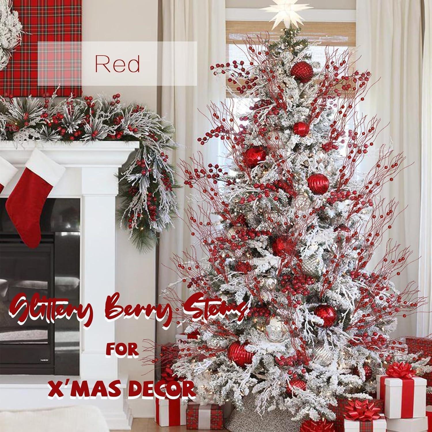 6 Ramas Artificiales de Baya Brillante Megoogo 40 cm Rojo