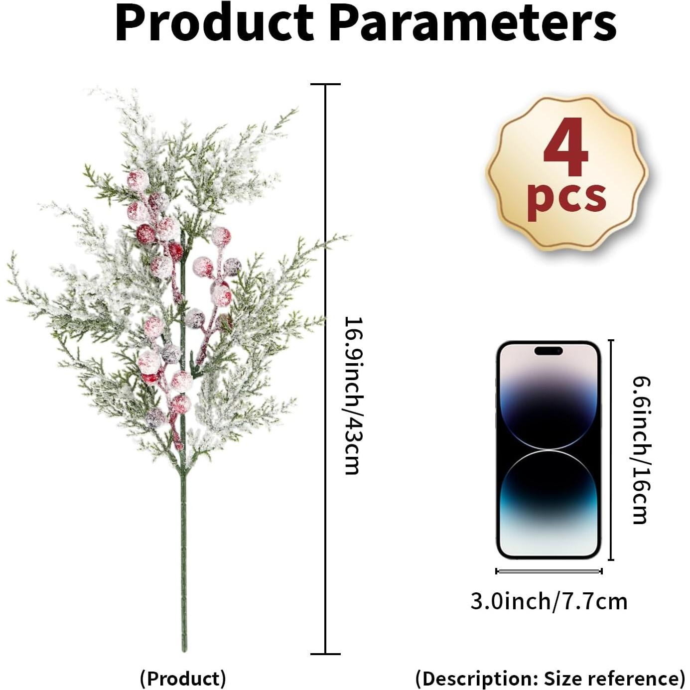 Paquete de 4 Ramas de Pino Artificial Kesywale 43 cm con Berries Rojas