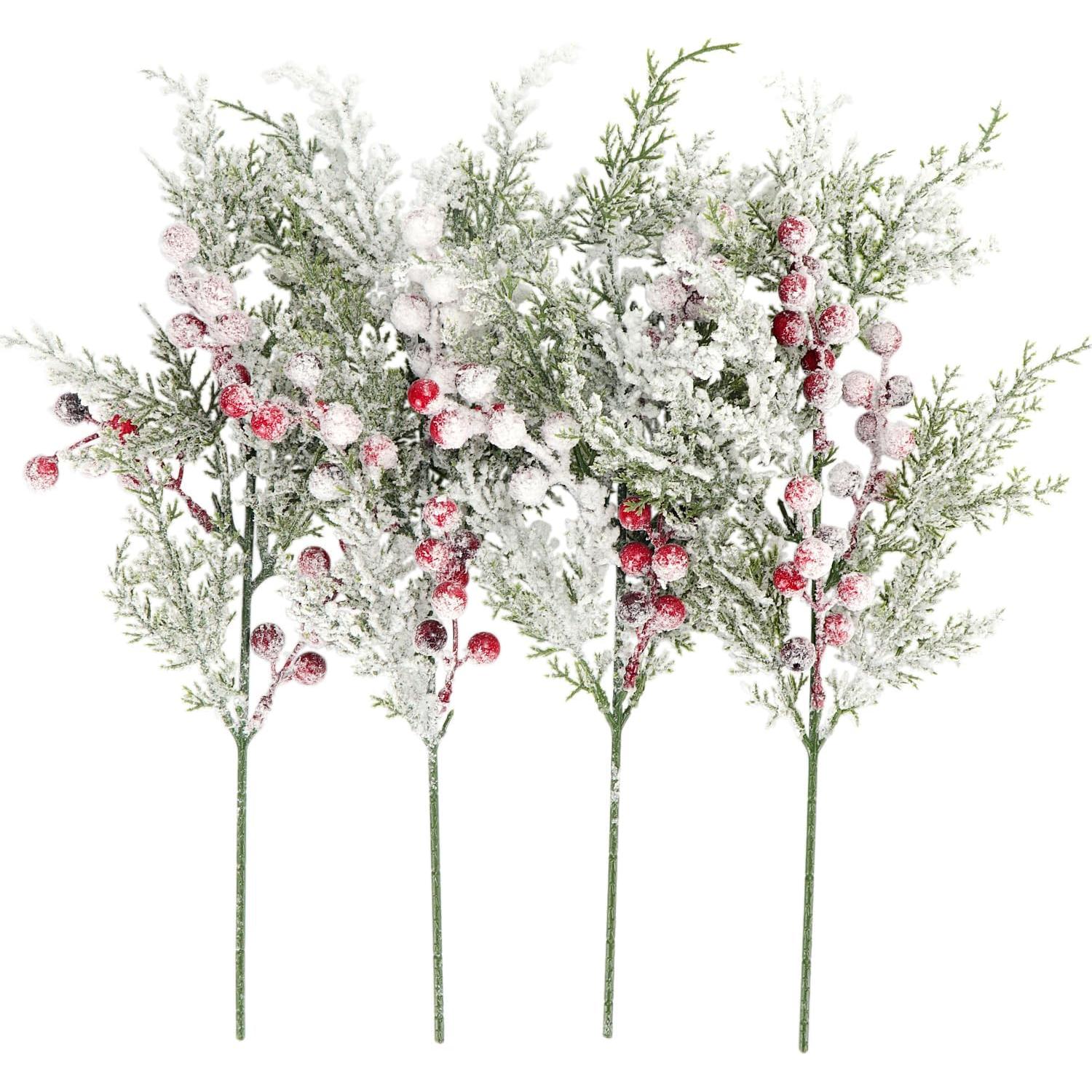 Paquete de 4 Ramas de Pino Artificial Kesywale 43 cm con Berries Rojas