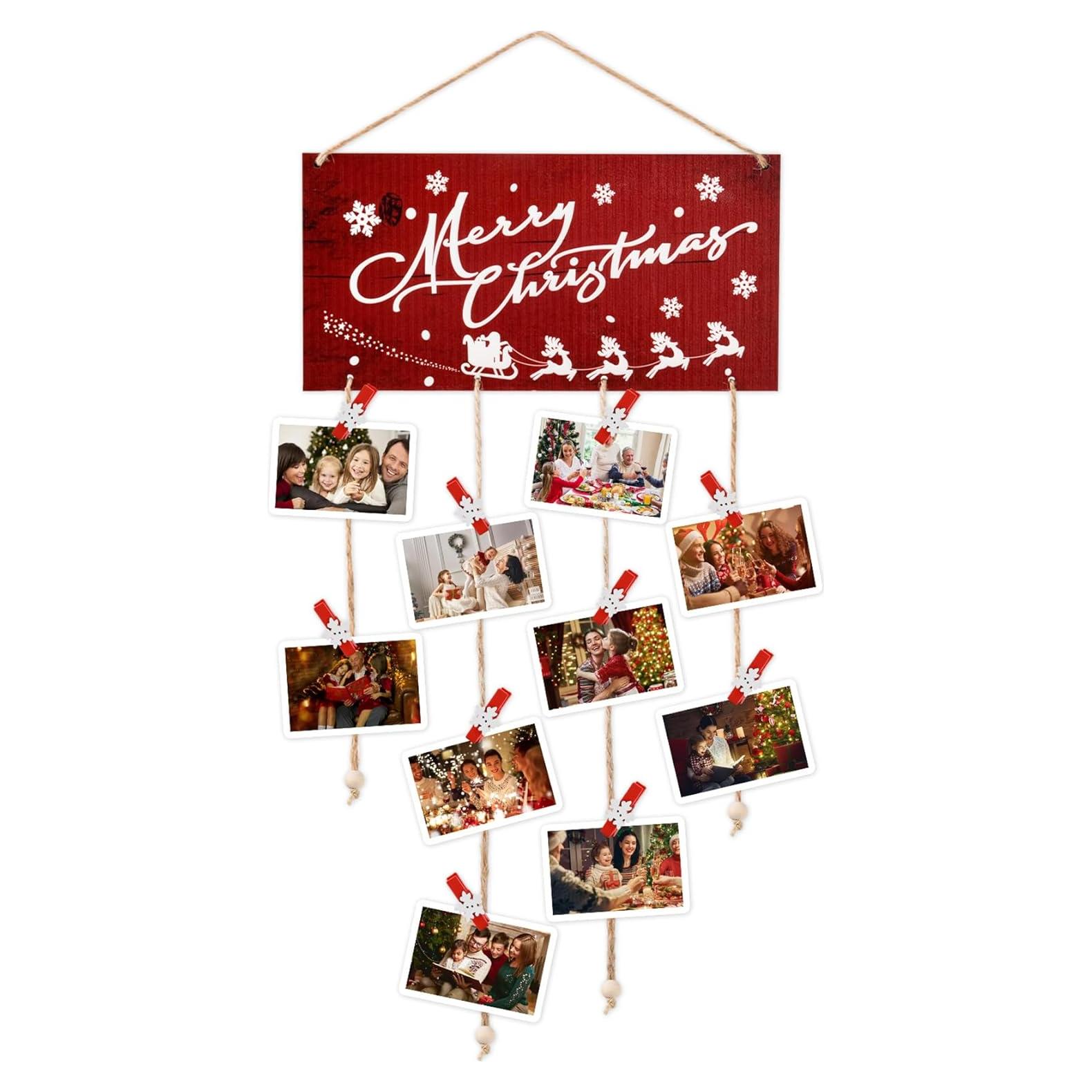 Soporte de Tarjetas Navideñas Aucpod Madera Rojo 30 Clips