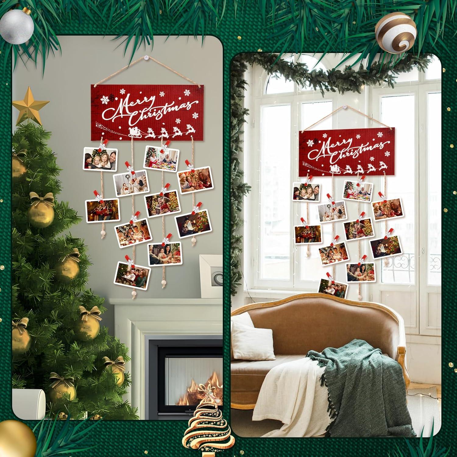 Soporte de Tarjetas Navideñas Aucpod Madera Rojo 30 Clips