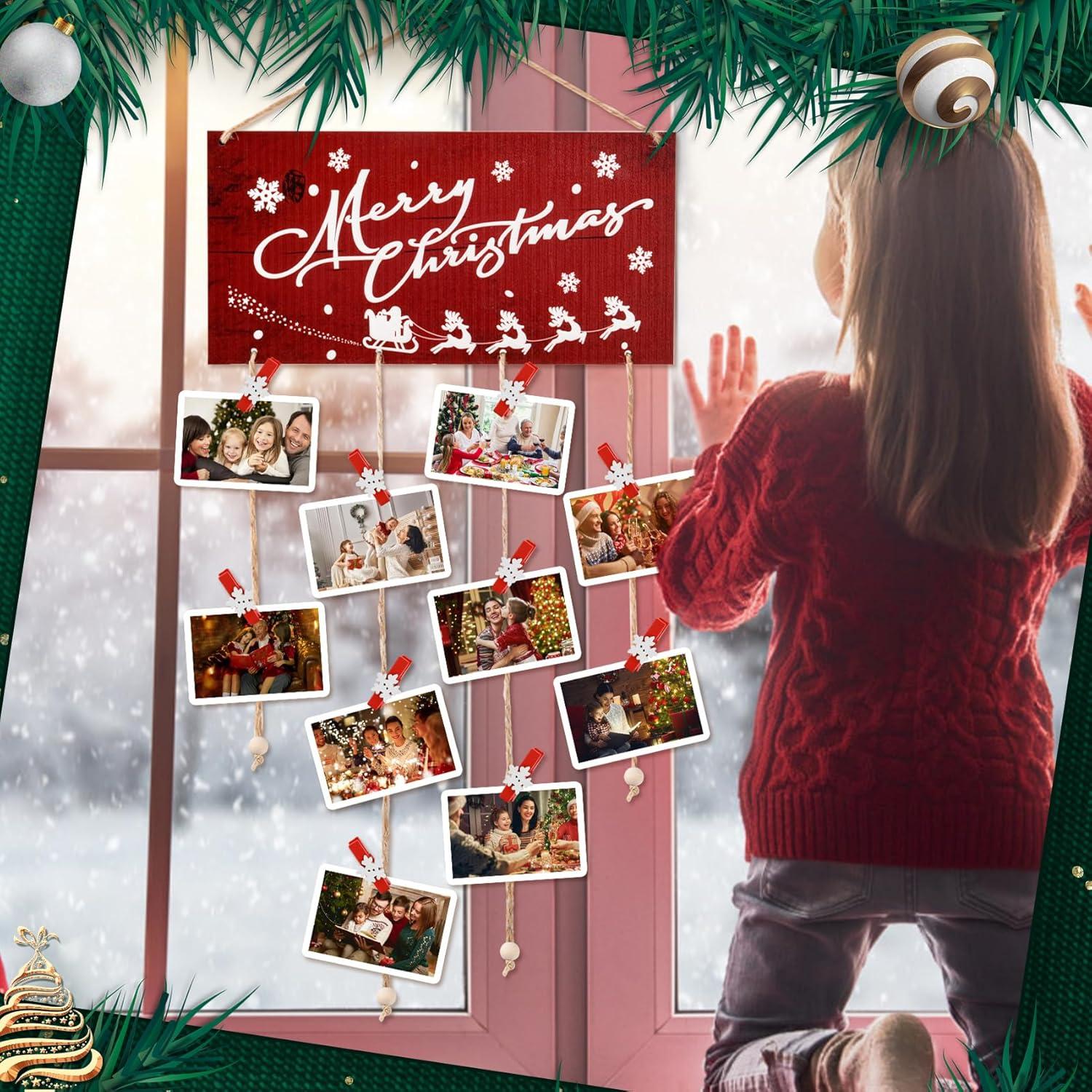 Soporte de Tarjetas Navideñas Aucpod Madera Rojo 30 Clips