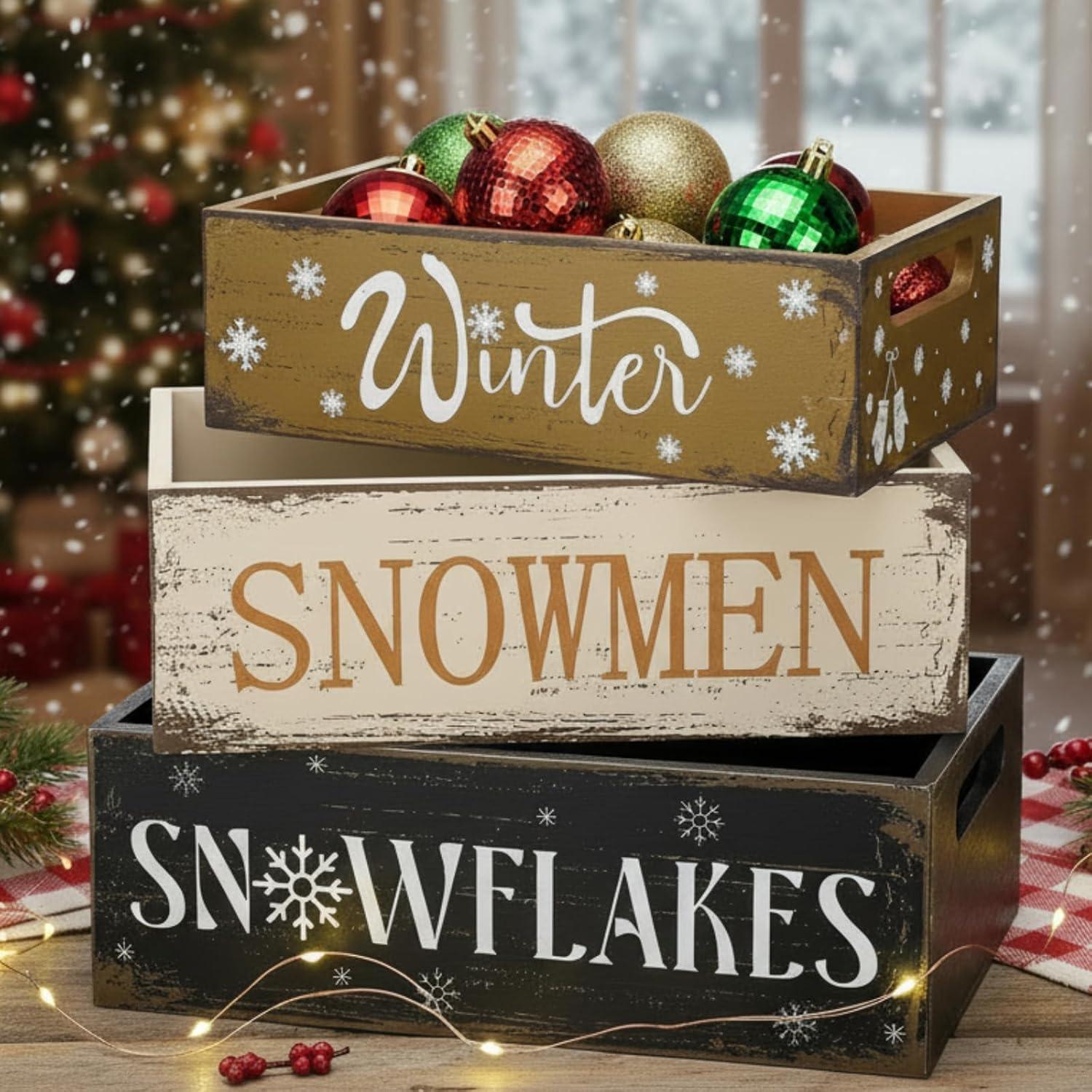 Caja de Madera Vintage de Navidad Fiwochic - 3 Piezas