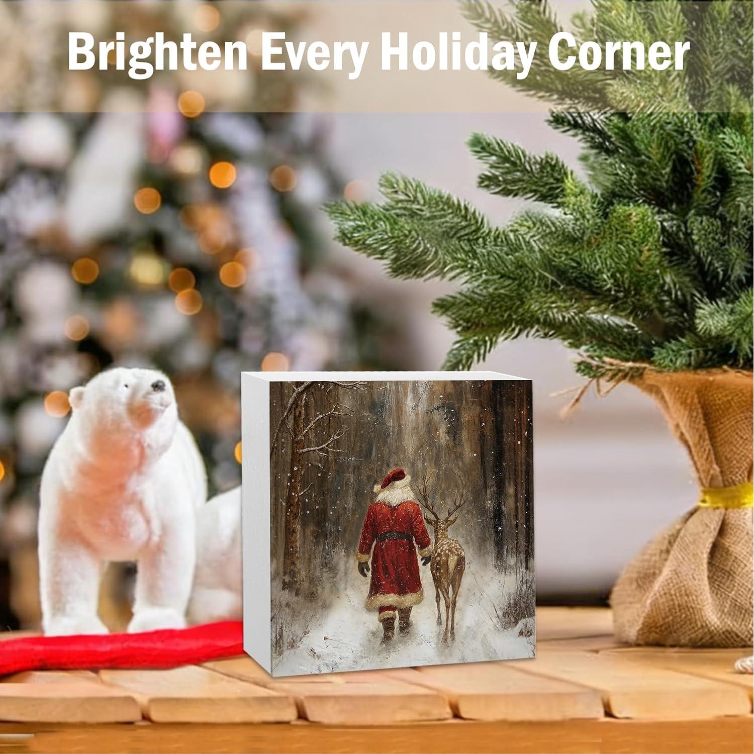 Cartel de Madera Vintage RTXLEZM Santa y Reno 12.7x12.7 cm