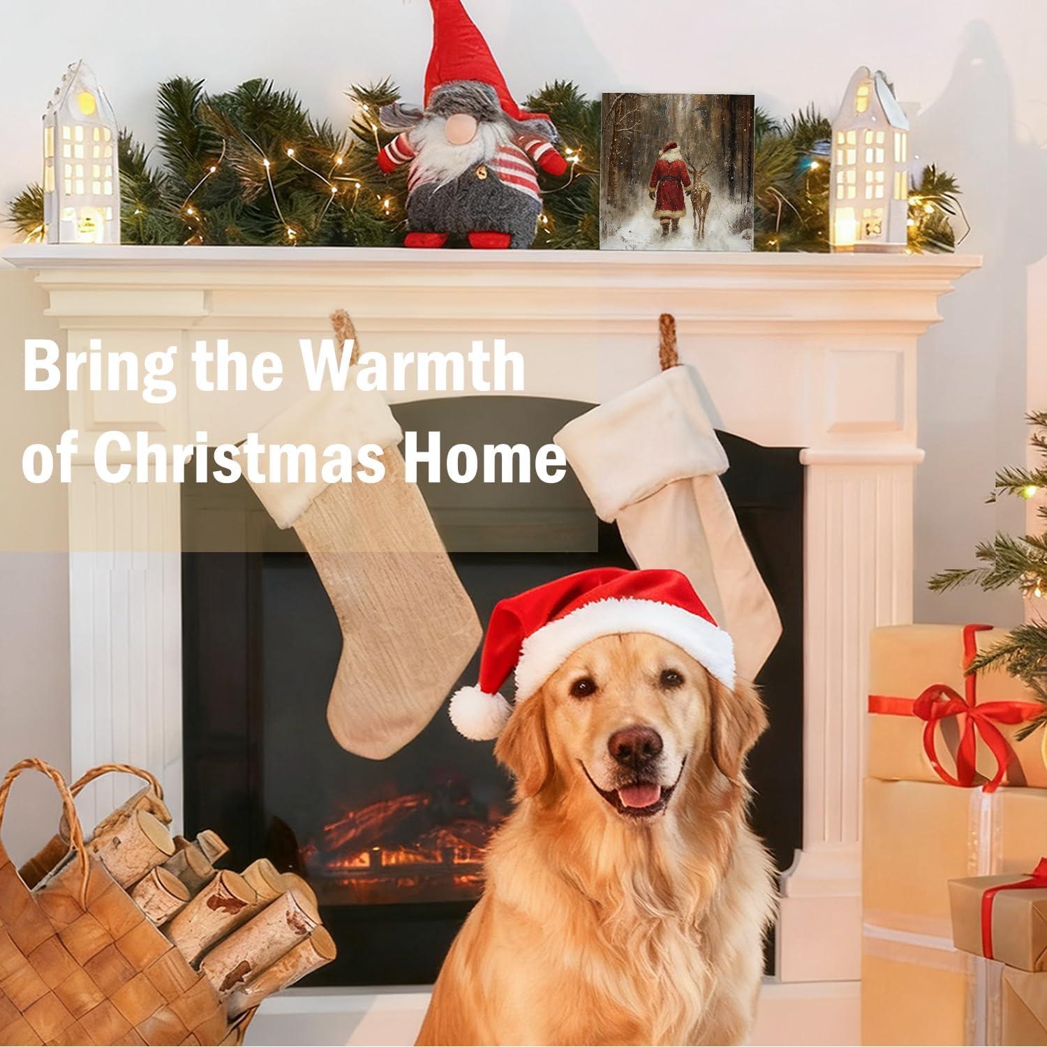 Cartel de Madera Vintage RTXLEZM Santa y Reno 12.7x12.7 cm