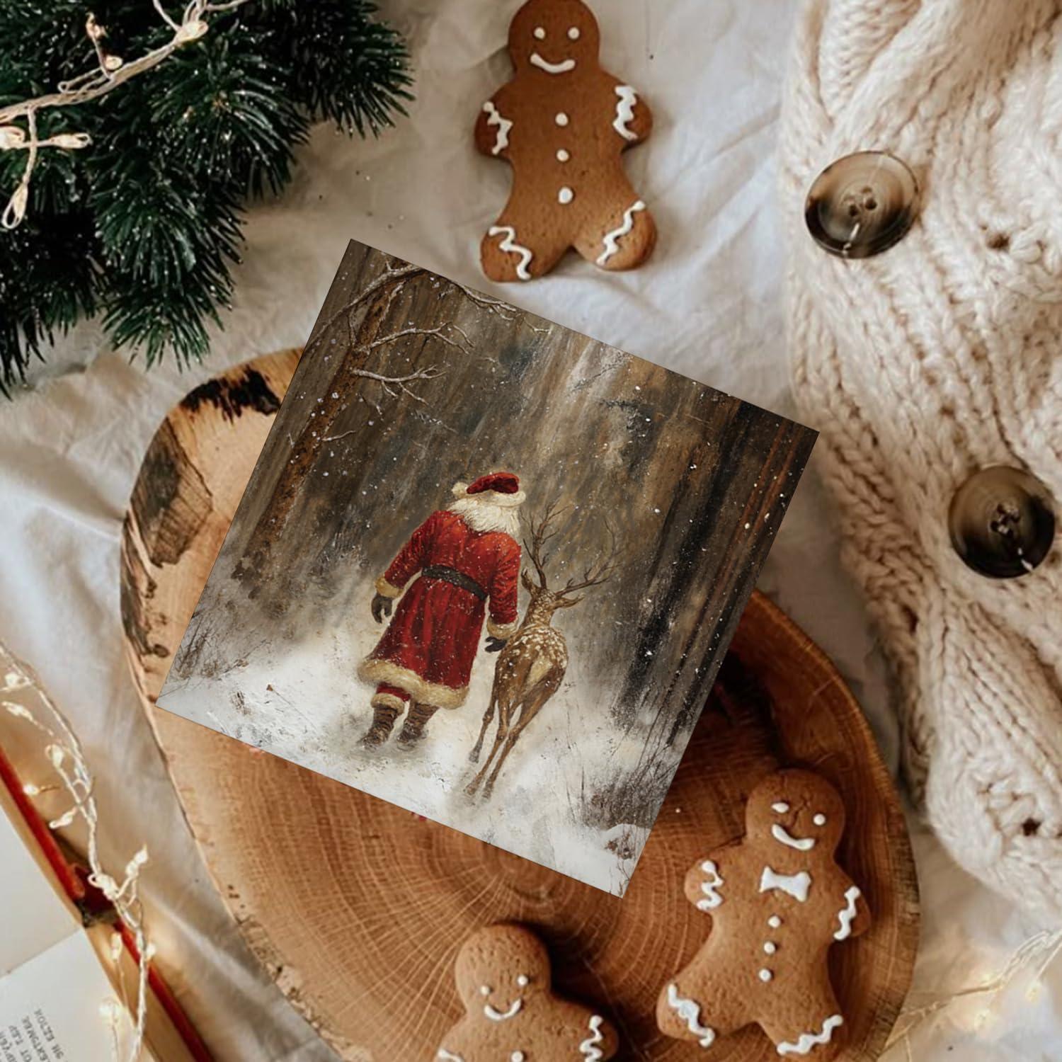 Cartel de Madera Vintage RTXLEZM Santa y Reno 12.7x12.7 cm