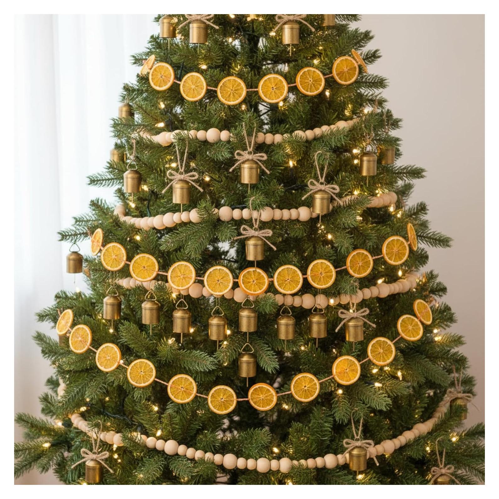 Guirnalda de Navidad 4m Naranja Seco + 6m Perlas Madera + 24 Campanas