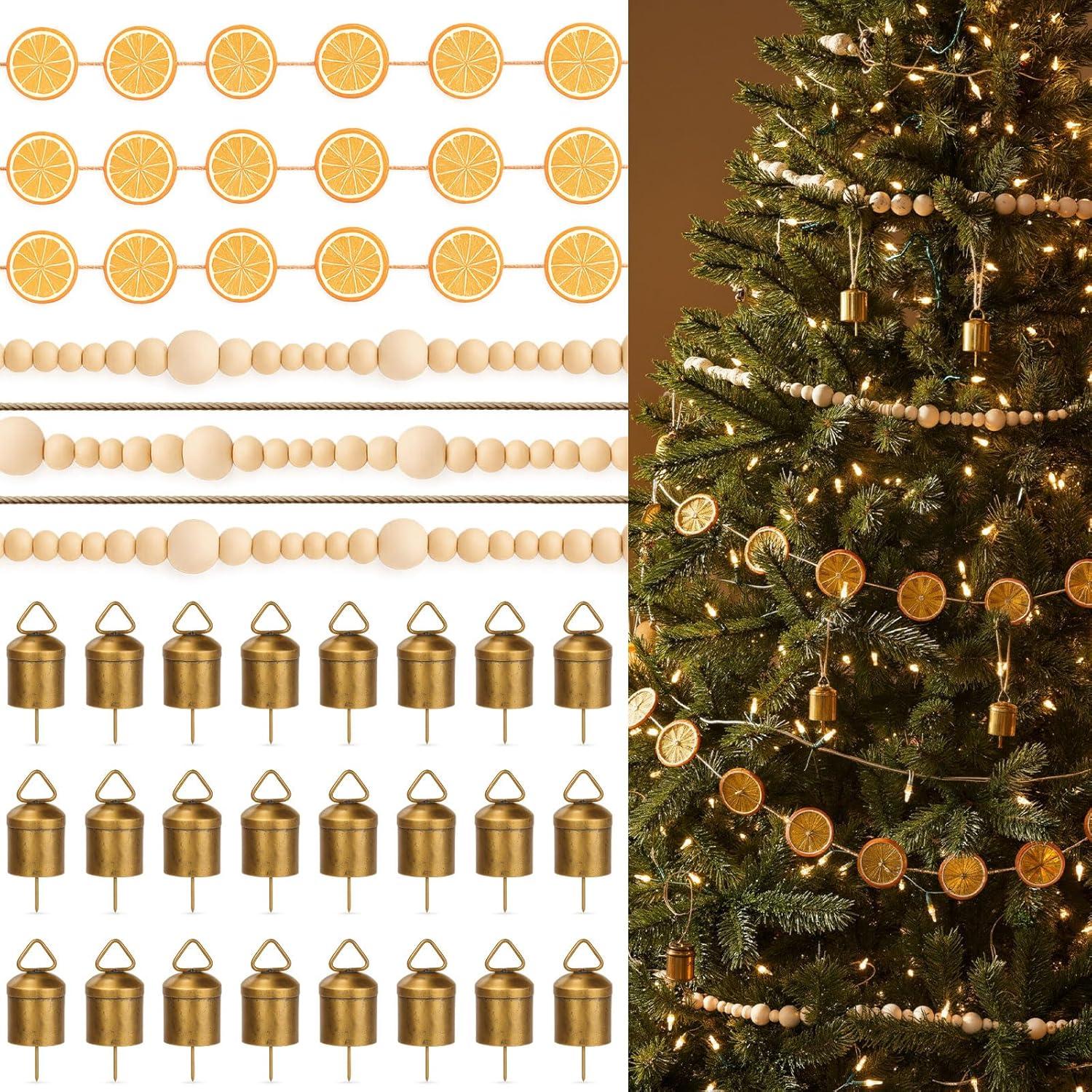 Guirnalda de Navidad 4m Naranja Seco + 6m Perlas Madera + 24 Campanas