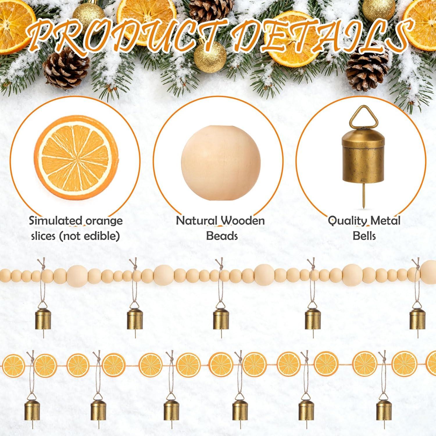 Guirnalda de Navidad 4m Naranja Seco + 6m Perlas Madera + 24 Campanas