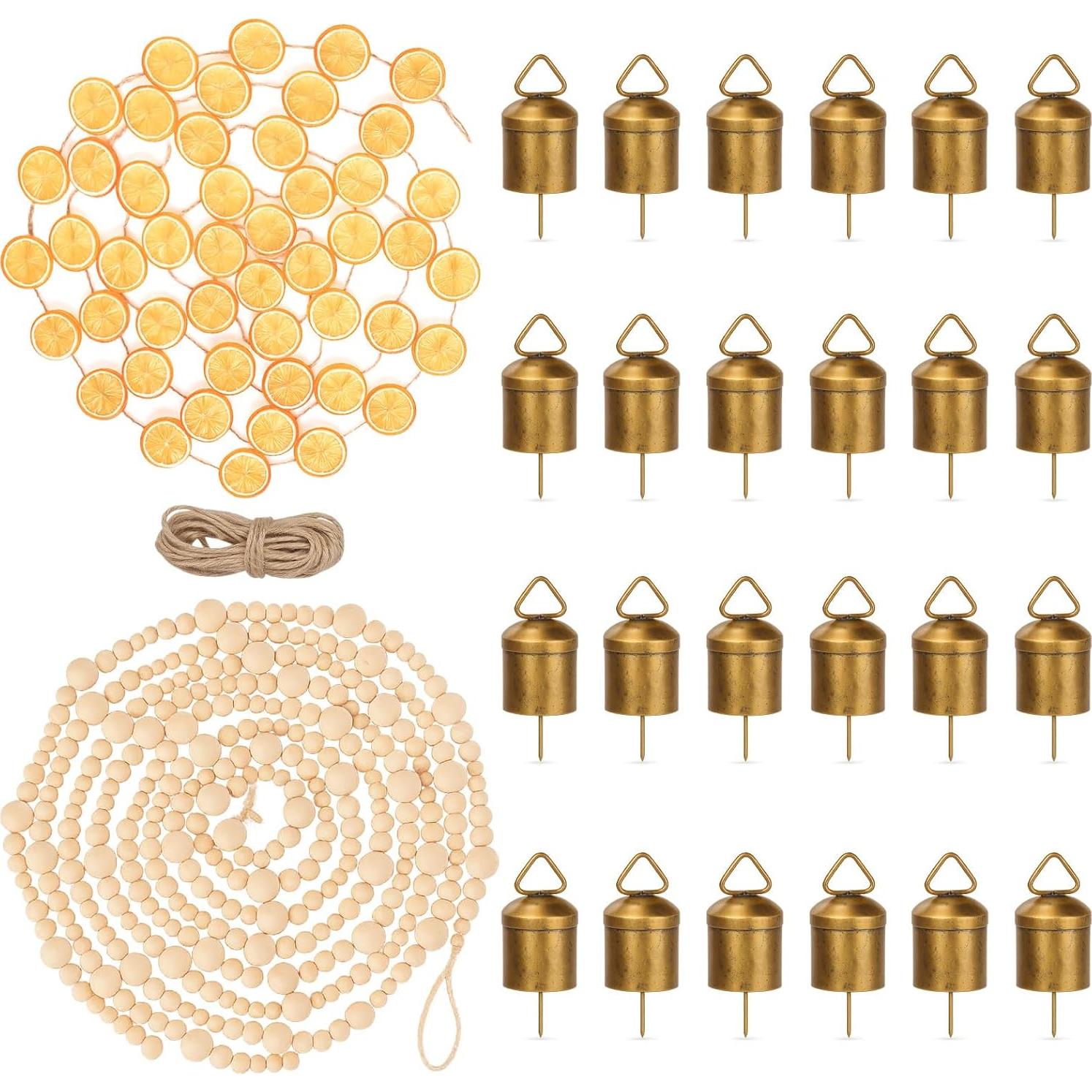 Guirnalda de Navidad 4m Naranja Seco + 6m Perlas Madera + 24 Campanas