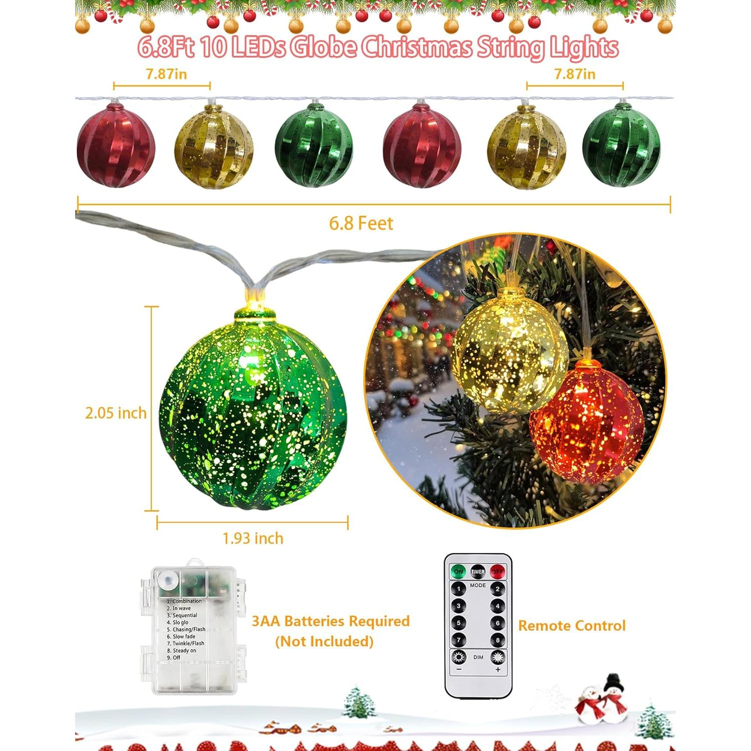Luces de Navidad a Batería 10 LED Bola Color 7FT Temporizador