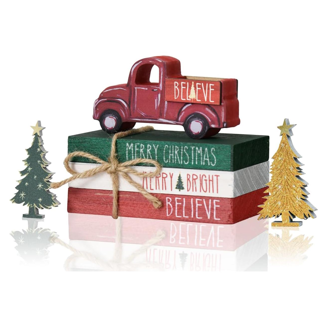 Decoración Navideña de Madera Sm:)e con Libros y Árboles
