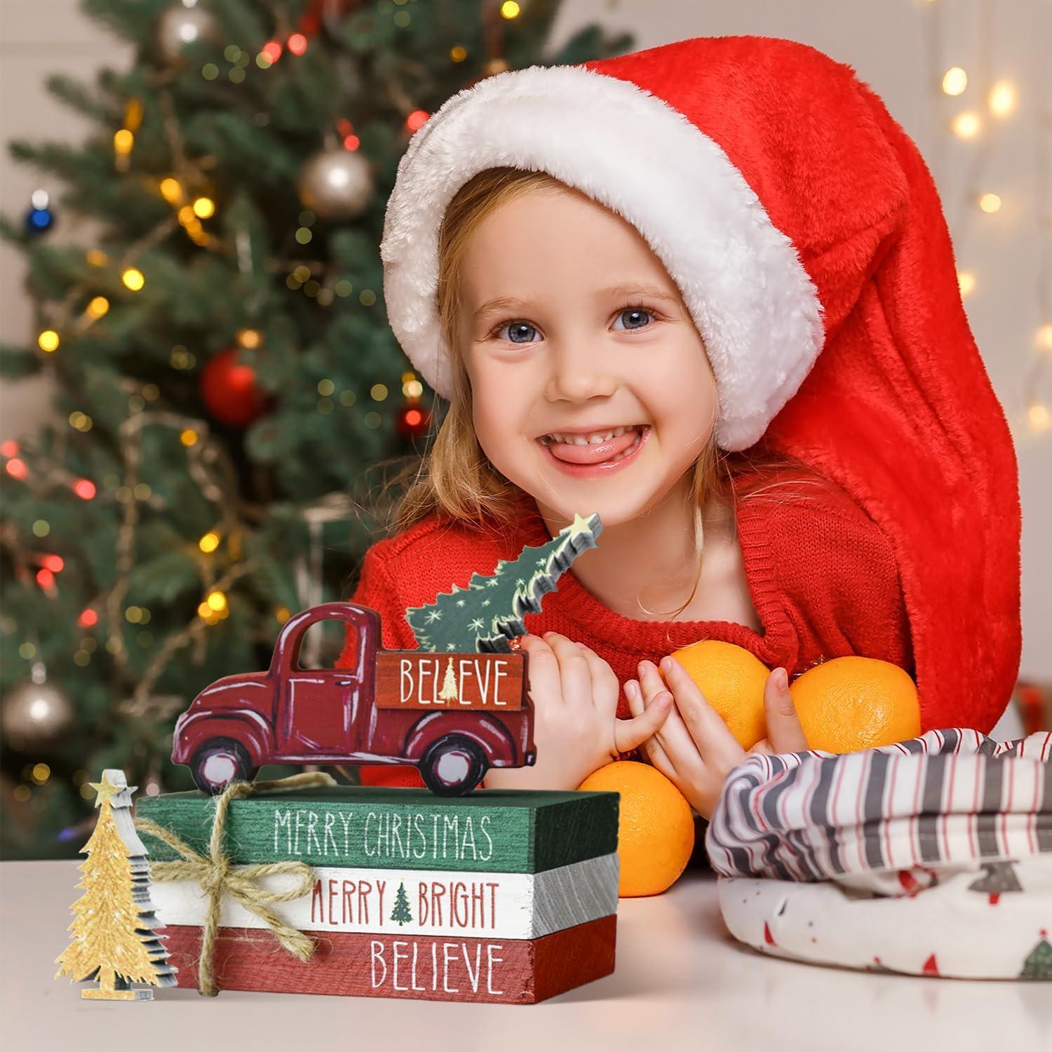 Decoración Navideña de Madera Sm:)e con Libros y Árboles