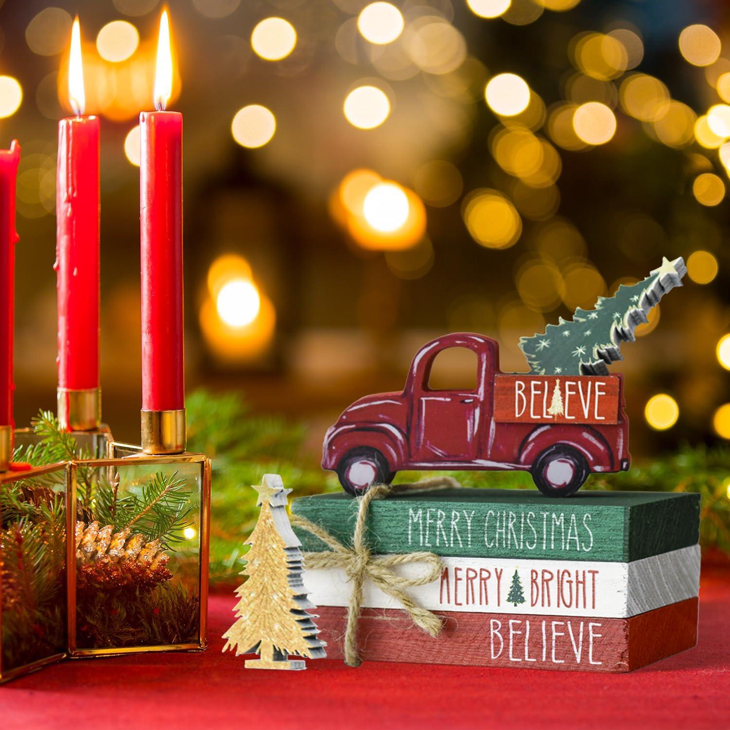 Decoración Navideña de Madera Sm:)e con Libros y Árboles