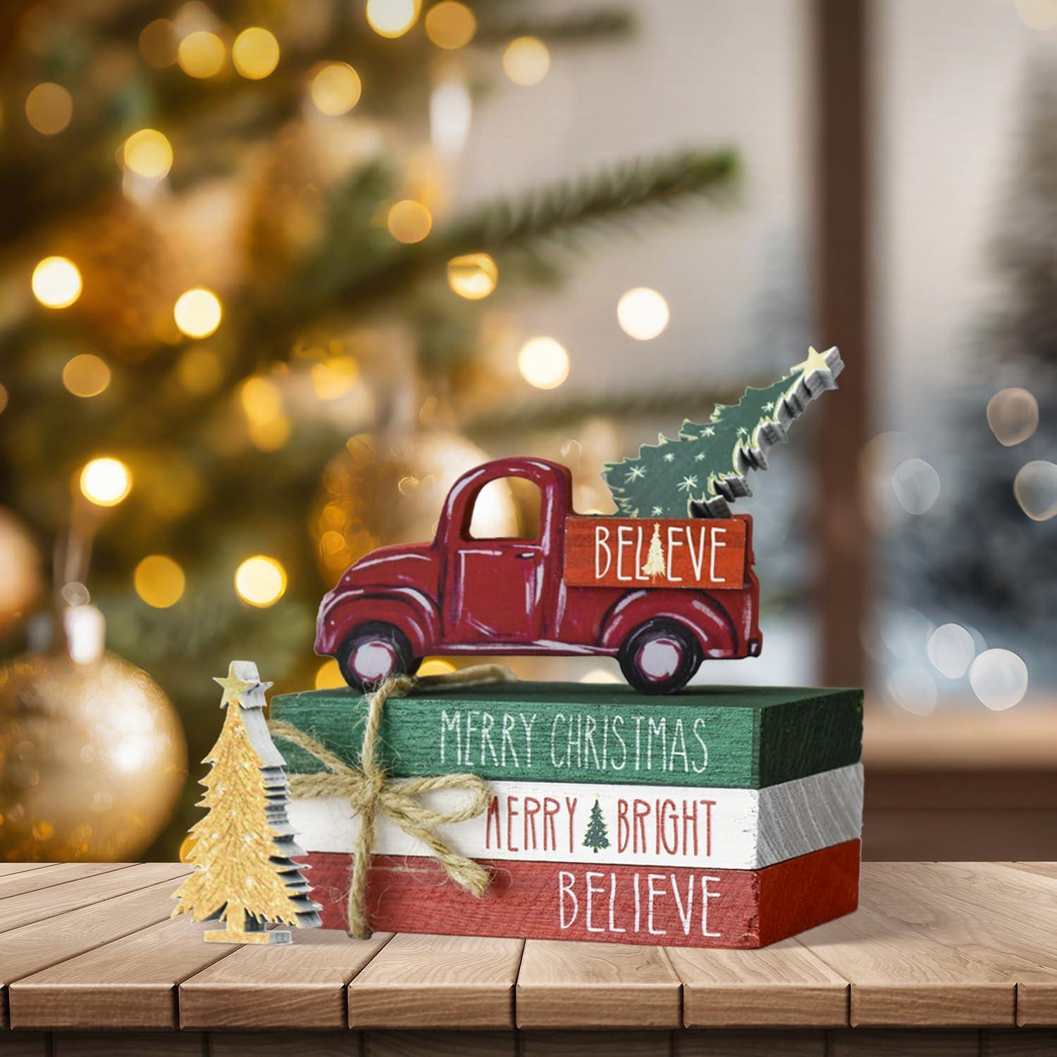 Decoración Navideña de Madera Sm:)e con Libros y Árboles