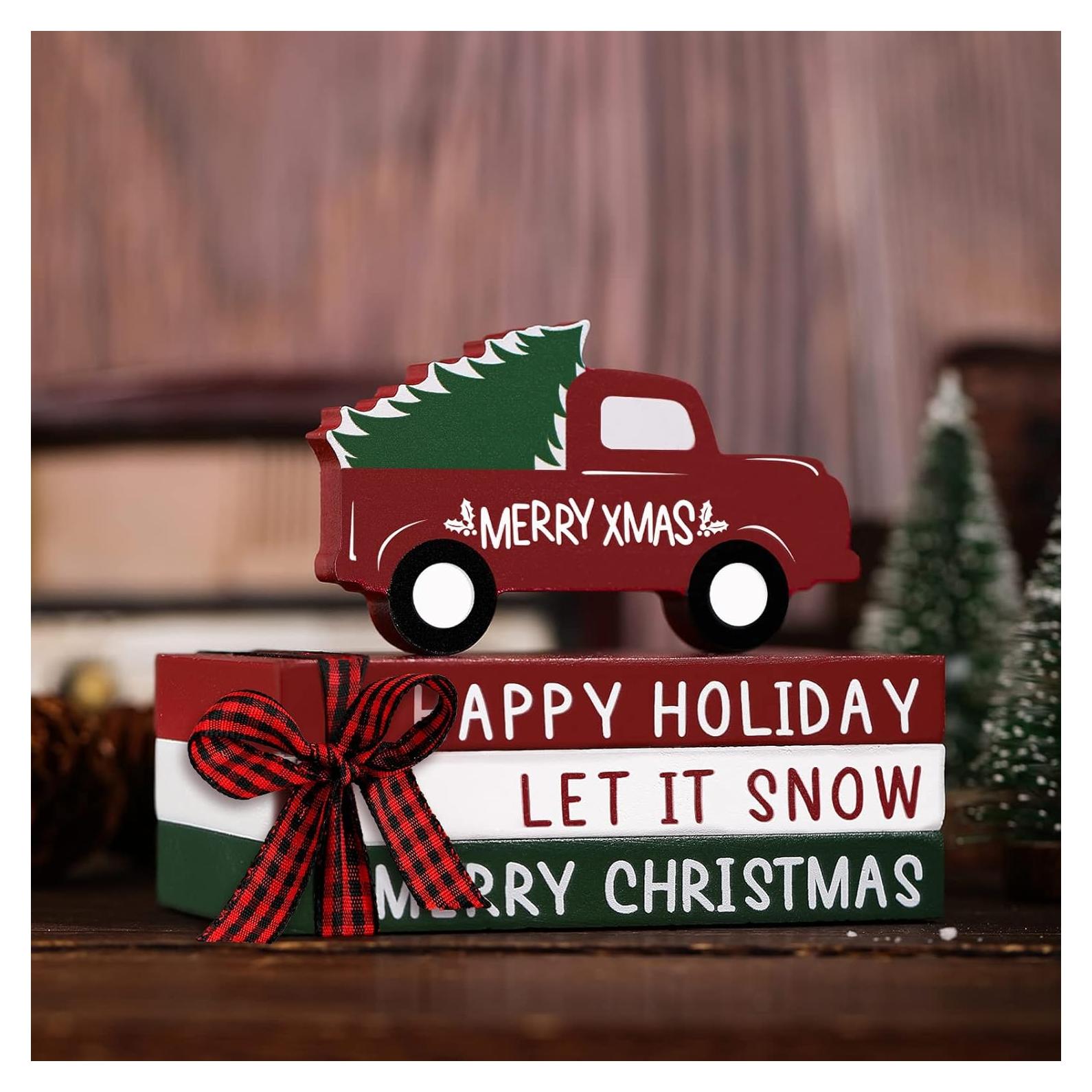 Jetec Decoración Navideña Camión Rojo y 3 Libros de Madera