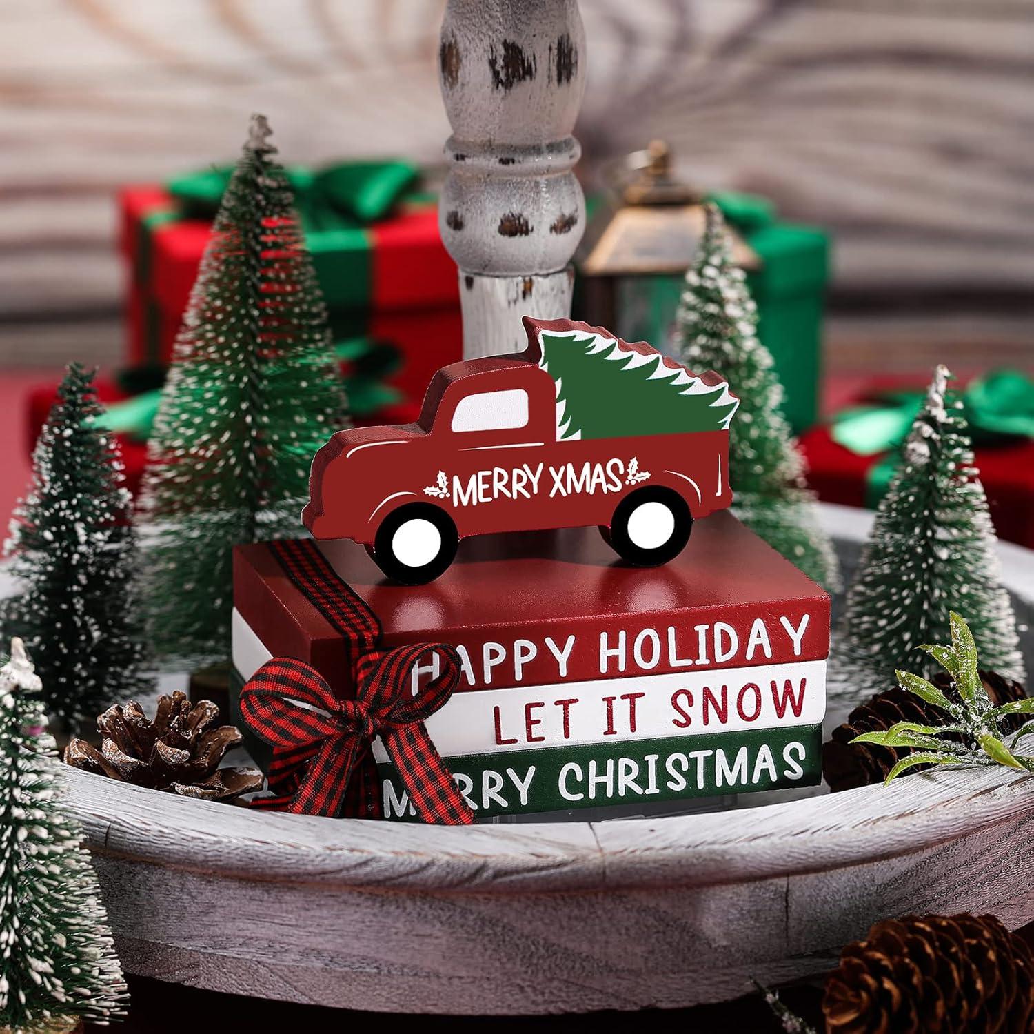 Jetec Decoración Navideña Camión Rojo y 3 Libros de Madera