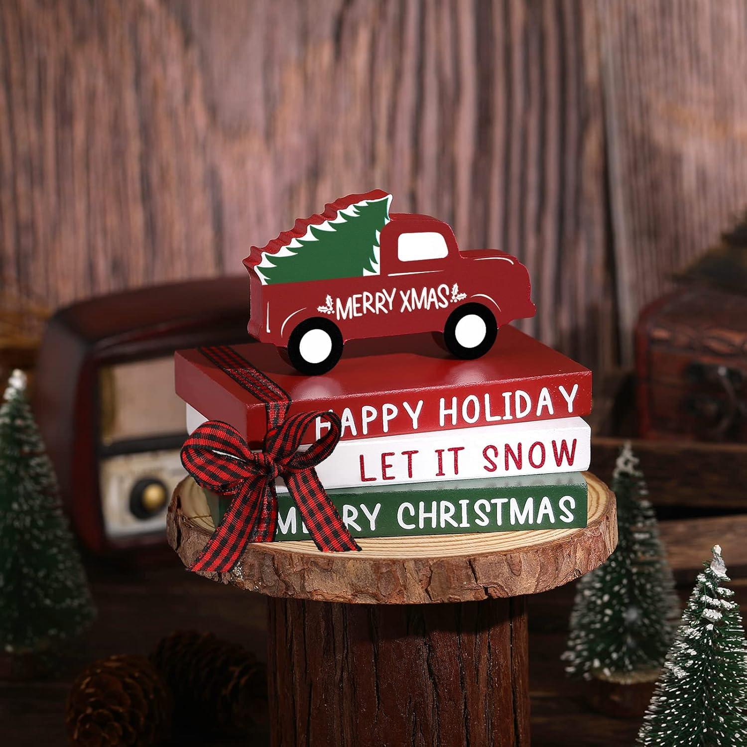 Jetec Decoración Navideña Camión Rojo y 3 Libros de Madera