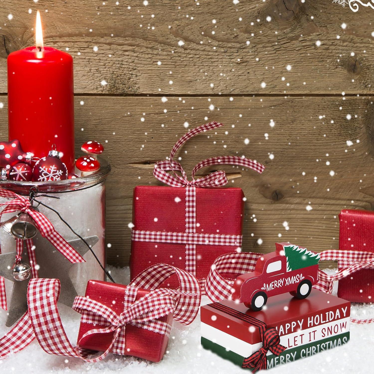 Jetec Decoración Navideña Camión Rojo y 3 Libros de Madera