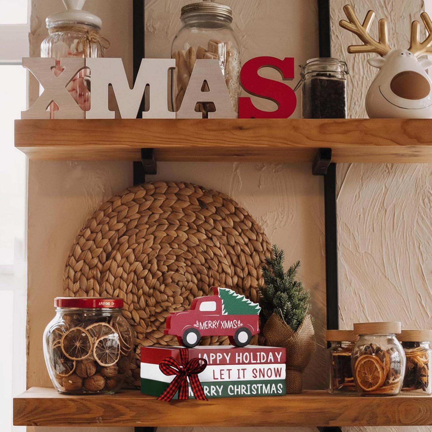 Jetec Decoración Navideña Camión Rojo y 3 Libros de Madera