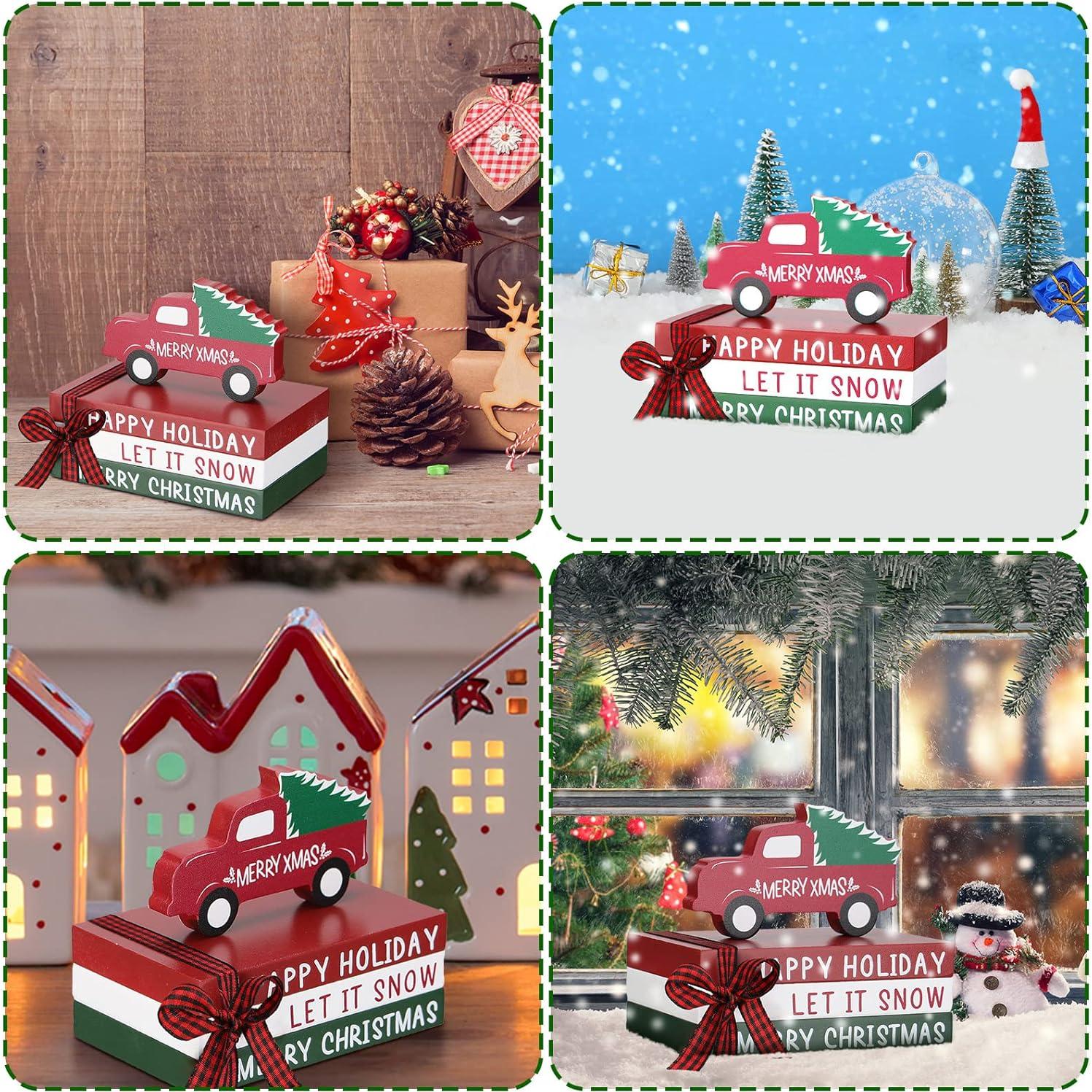 Jetec Decoración Navideña Camión Rojo y 3 Libros de Madera