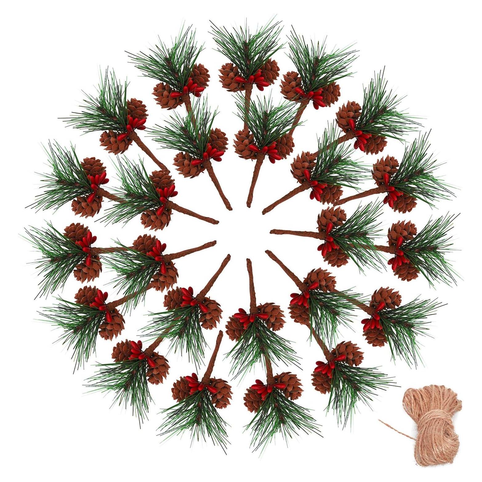 24 Piezas Decoraciones de Pino Artificial Geefuun - Agujas y Cuerda de Yute