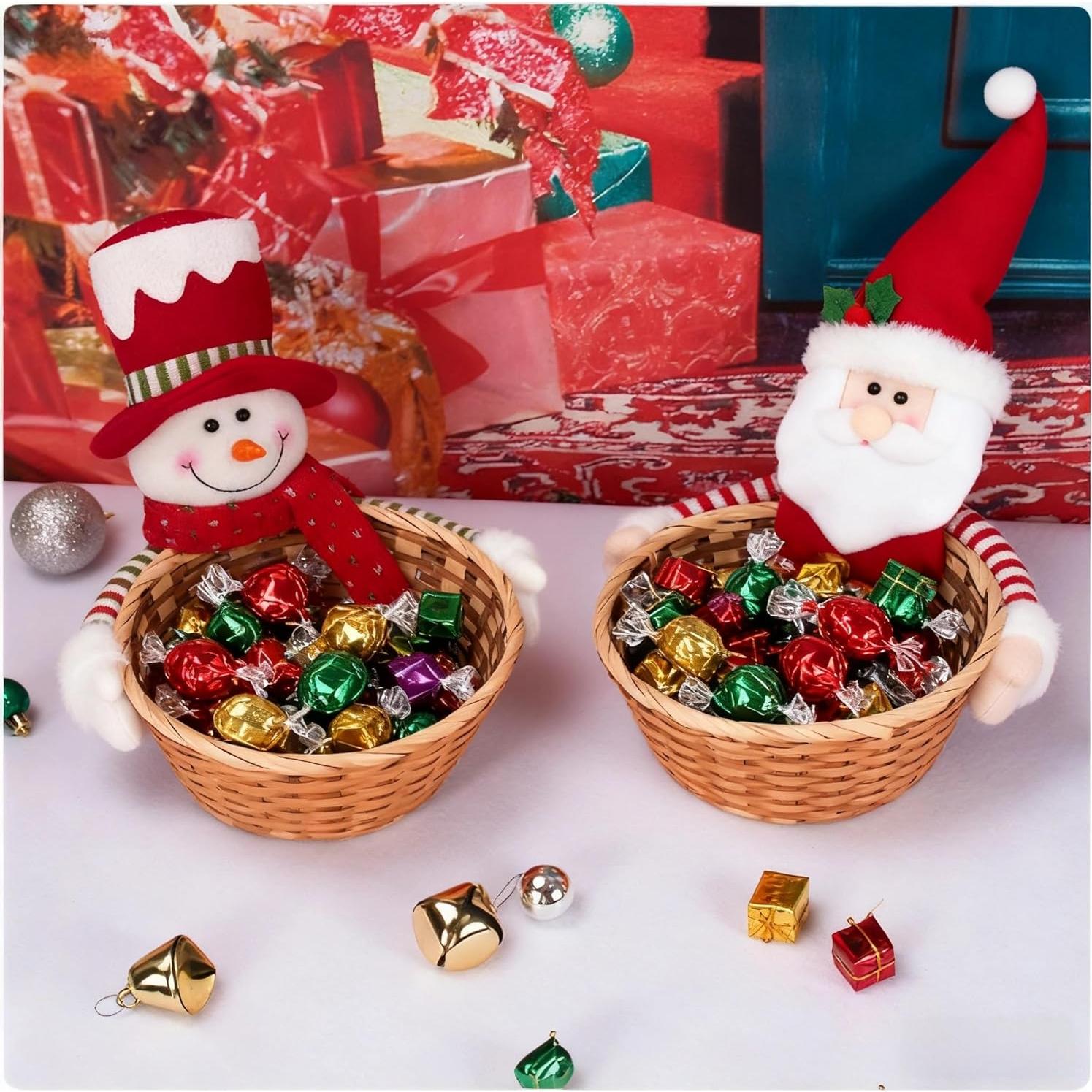 Cesta de Caramelos Navideña 23x23x30cm Santa y Muñeco de Nieve