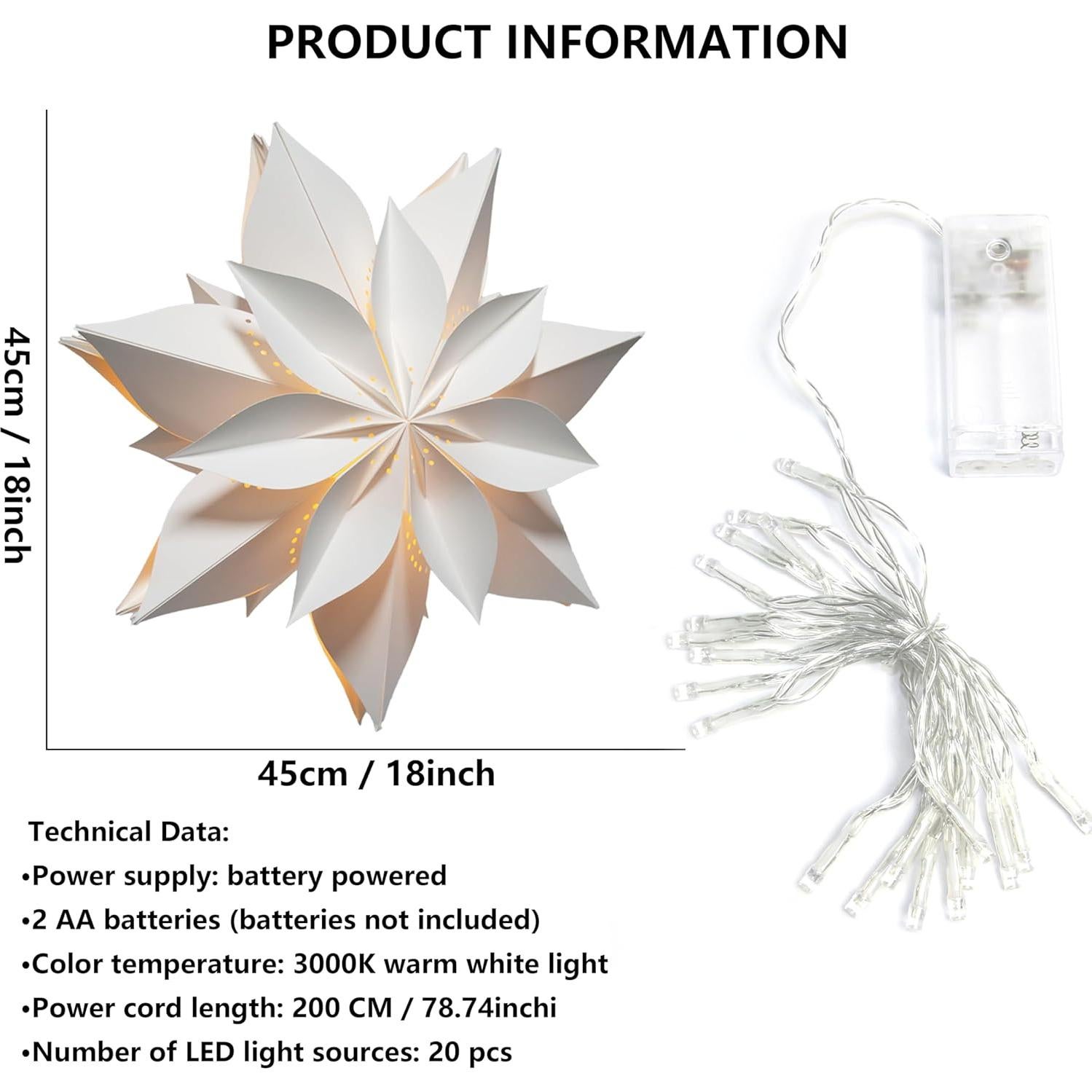 Linterna de Papel Estrella LED 3D EANLOLY 45cm Blanca