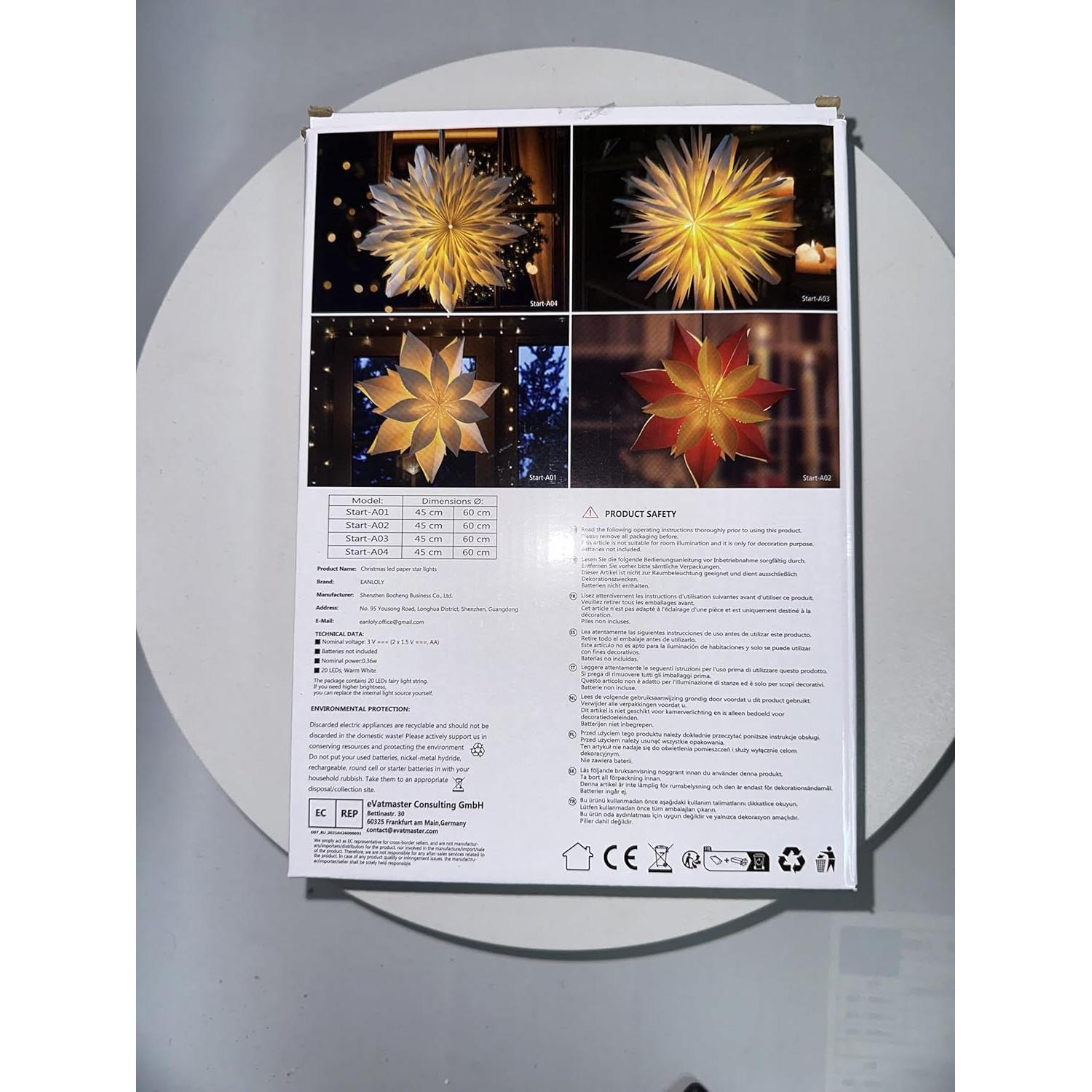 Linterna de Papel Estrella LED 3D EANLOLY 45cm Blanca
