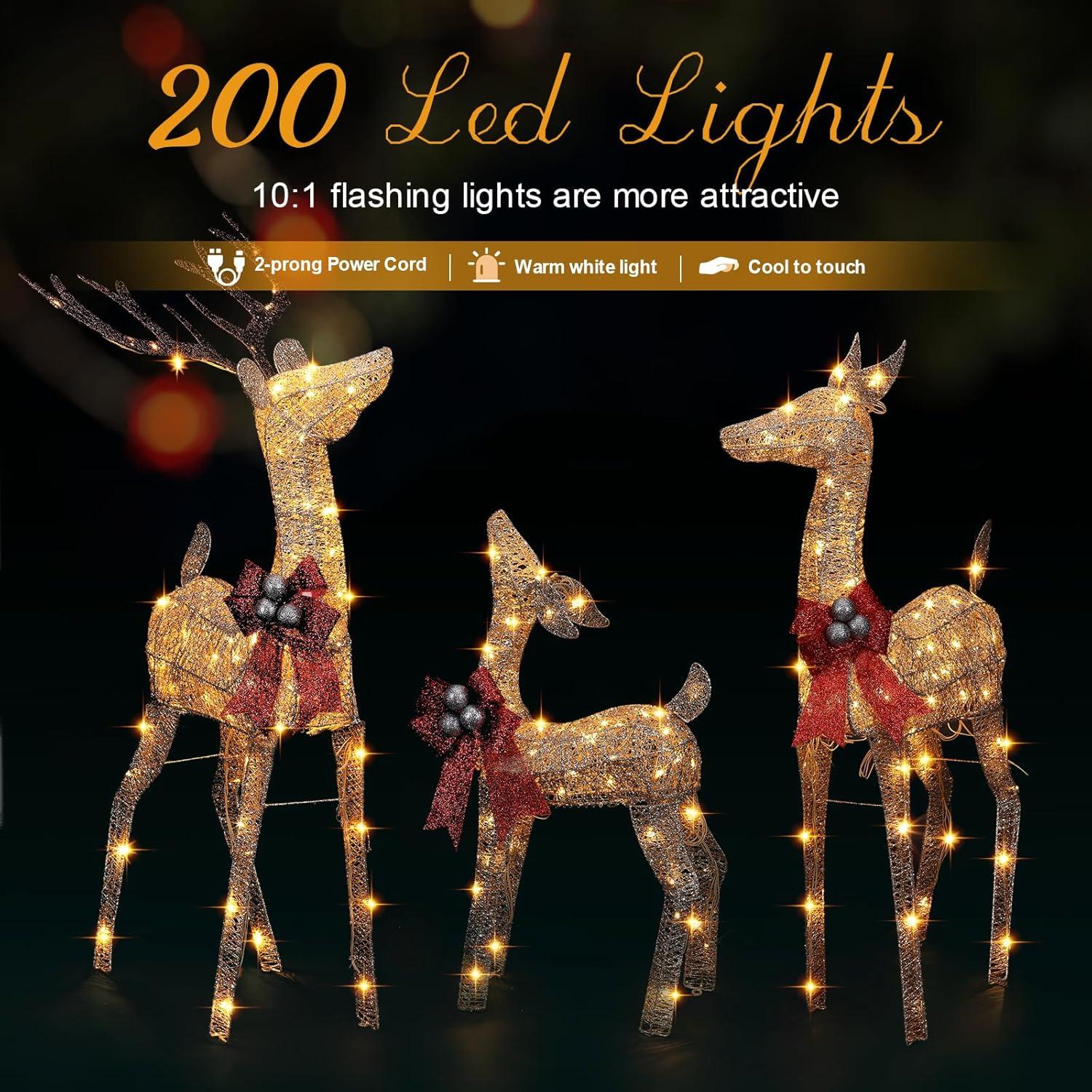 Conjunto Familiar de Ciervos Iluminados FUNNGO 3 Piezas 200 LED