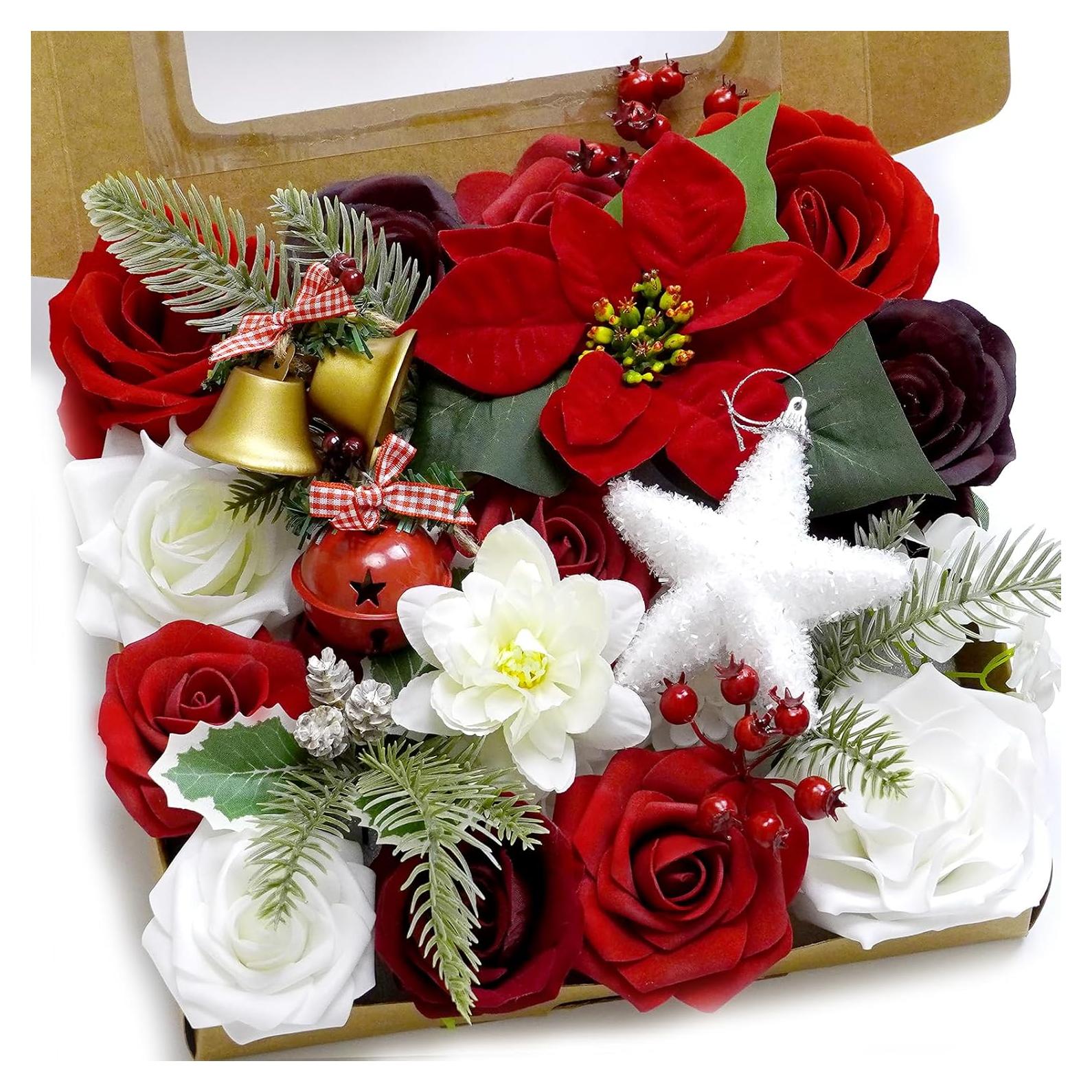 Caja de Flores Artificiales Navideñas WEIERYUE - Rojo 25.4 cm