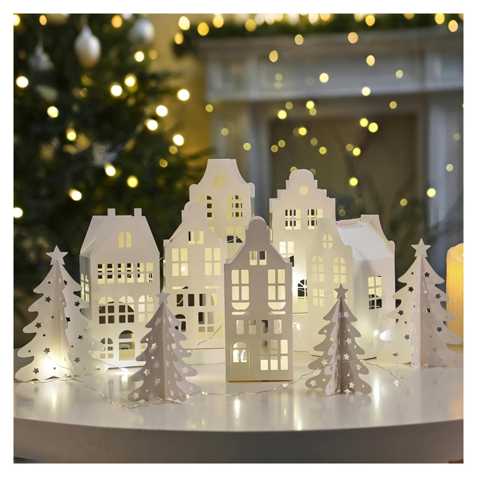 10Pcs Paper Christmas Village Set, Paper White Houses, Trees,with LED String Light, Small Foldable Light Up Xmas Village Houses for DIY, Winter Holiday Home Decor, Tabletop Centerpiece