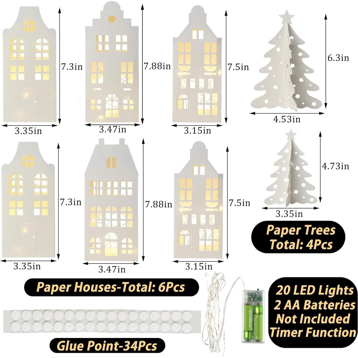 10Pcs Paper Christmas Village Set, Paper White Houses, Trees,with LED String Light, Small Foldable Light Up Xmas Village Houses for DIY, Winter Holiday Home Decor, Tabletop Centerpiece