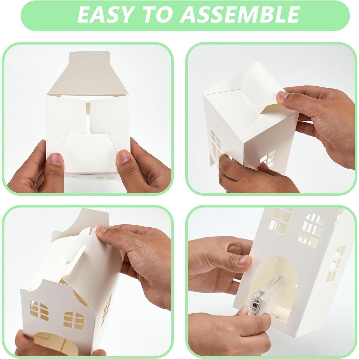 10Pcs Paper Christmas Village Set, Paper White Houses, Trees,with LED String Light, Small Foldable Light Up Xmas Village Houses for DIY, Winter Holiday Home Decor, Tabletop Centerpiece