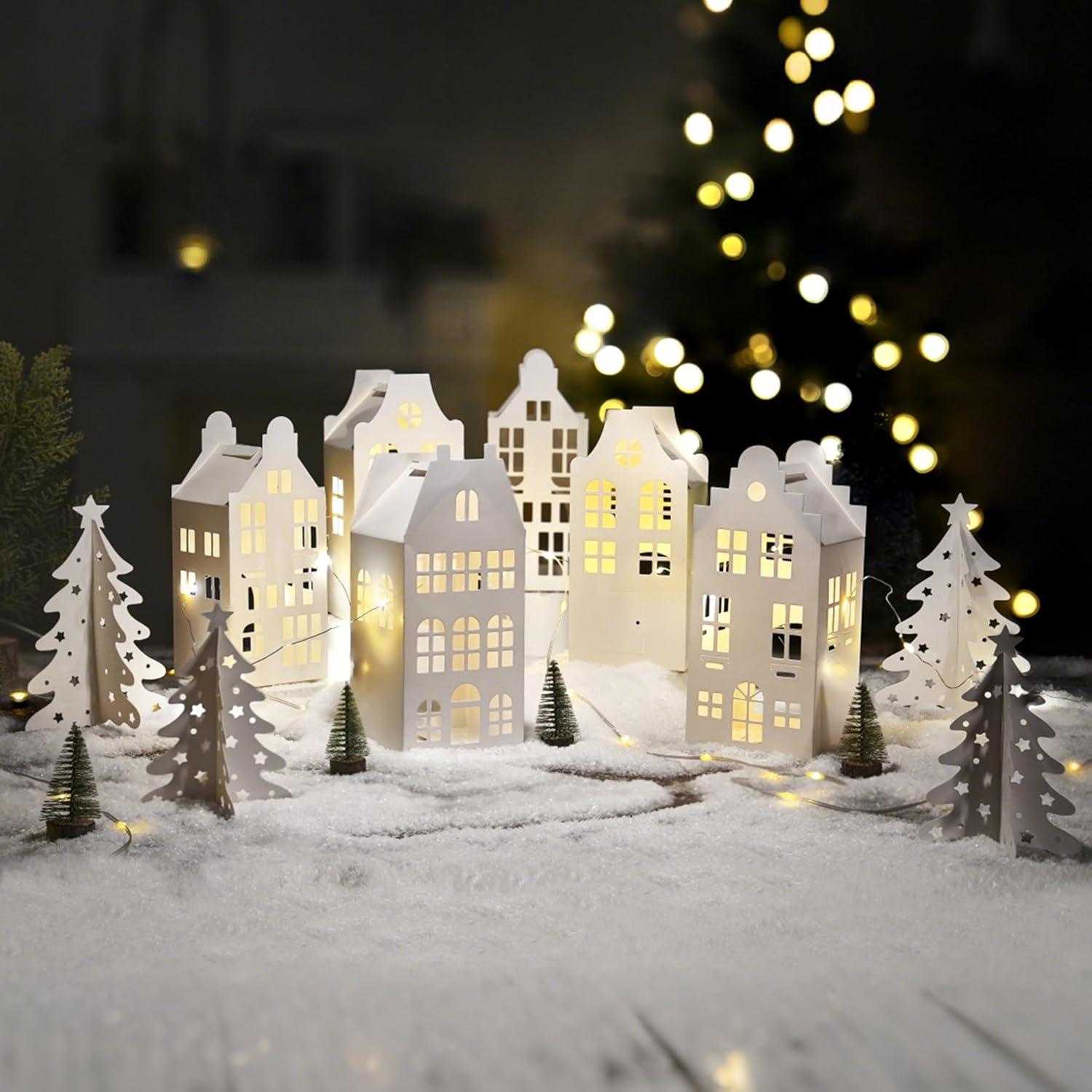 10Pcs Paper Christmas Village Set, Paper White Houses, Trees,with LED String Light, Small Foldable Light Up Xmas Village Houses for DIY, Winter Holiday Home Decor, Tabletop Centerpiece