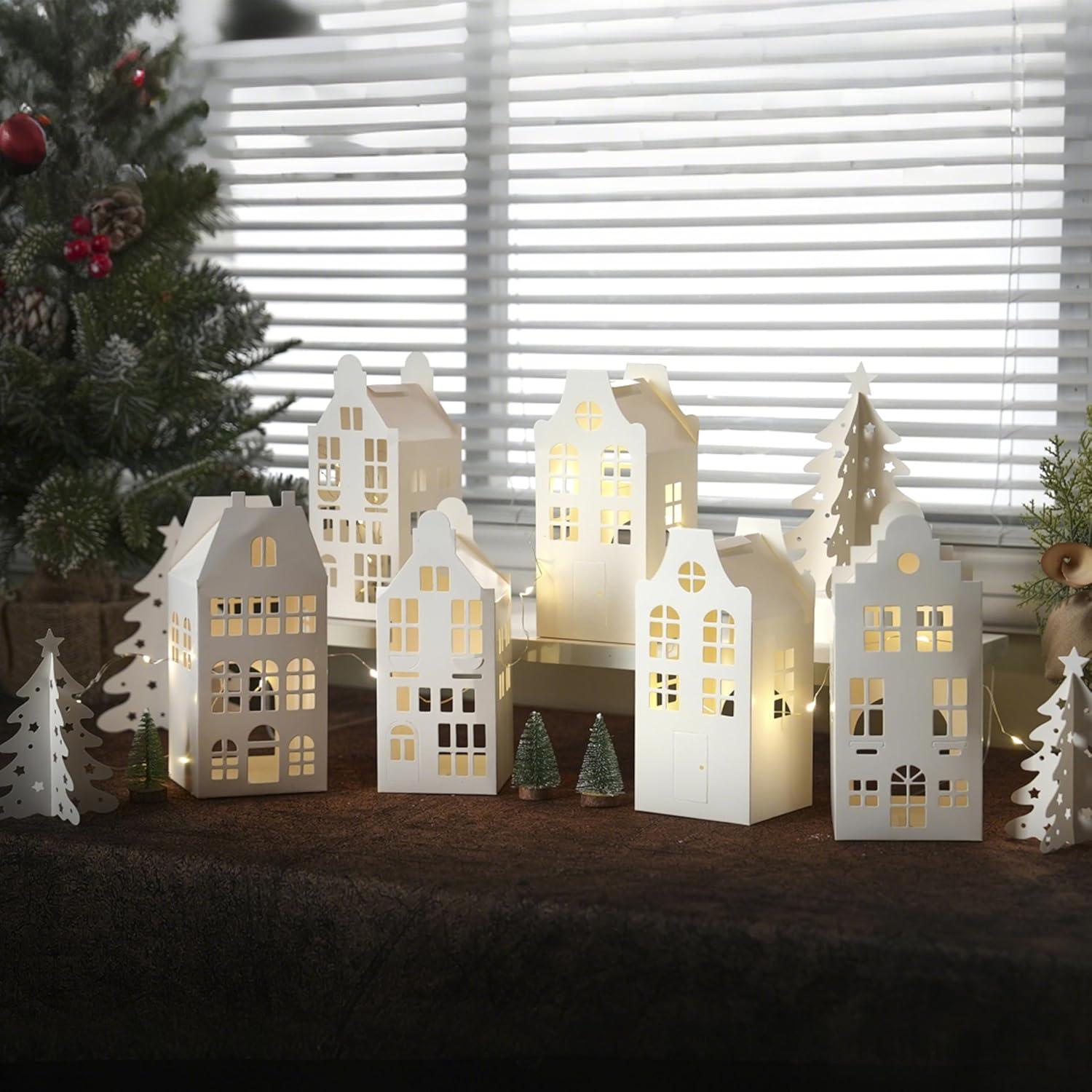 10Pcs Paper Christmas Village Set, Paper White Houses, Trees,with LED String Light, Small Foldable Light Up Xmas Village Houses for DIY, Winter Holiday Home Decor, Tabletop Centerpiece