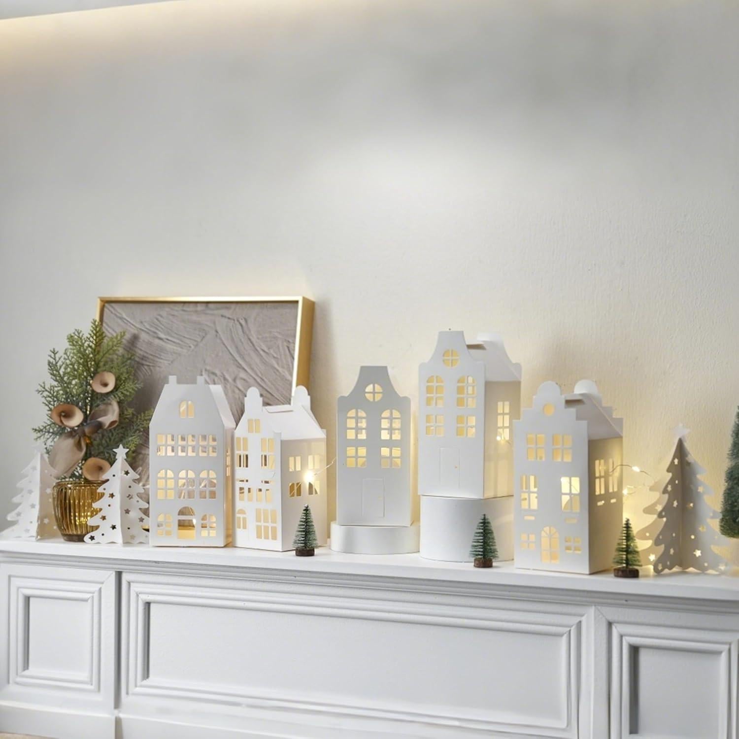 10Pcs Paper Christmas Village Set, Paper White Houses, Trees,with LED String Light, Small Foldable Light Up Xmas Village Houses for DIY, Winter Holiday Home Decor, Tabletop Centerpiece